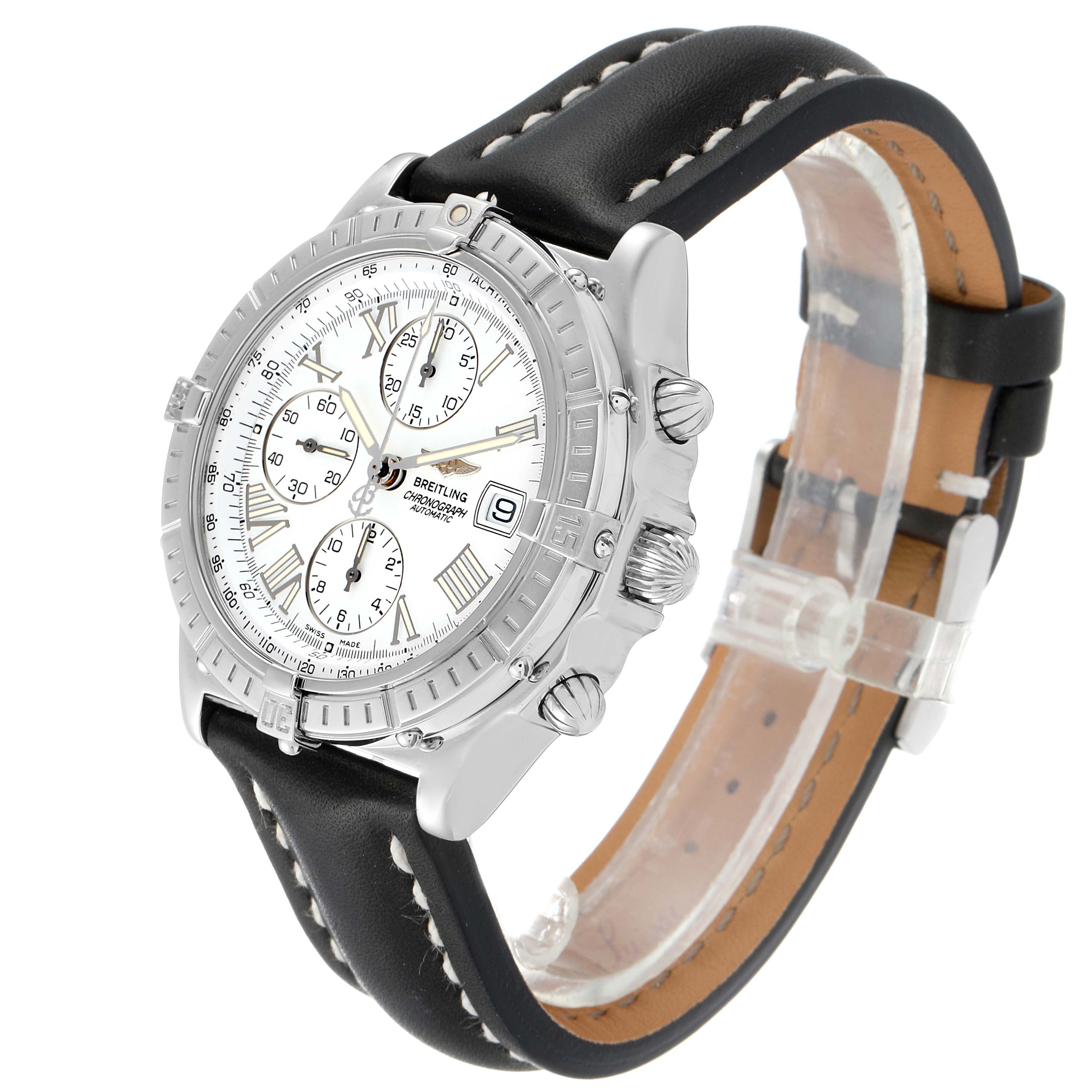 The image shows a Breitling Chronomat A13055 Men
s Stainless Steel Silver Dial A13055 Men
s Stainless Steel Silver Dial watch at a three-quarter angle, highlighting its dial, bezel, and leather strap.