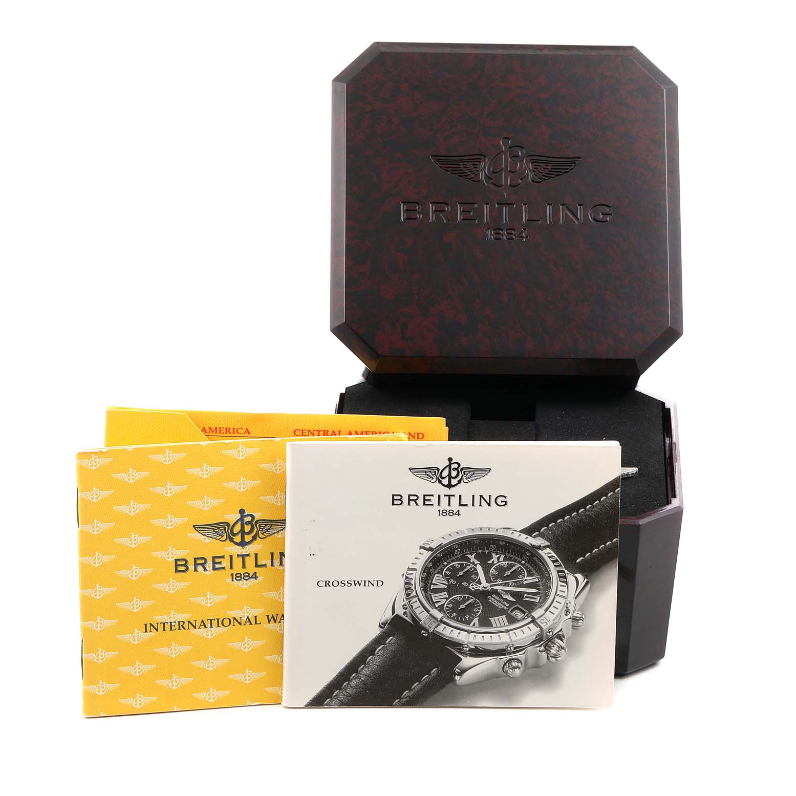 The image shows the packaging and documentation for the Breitling Chronomat A13055 Men
s Stainless Steel Silver Dial A13055 Men
s Stainless Steel Silver Dial, including manuals and a presentation box.
