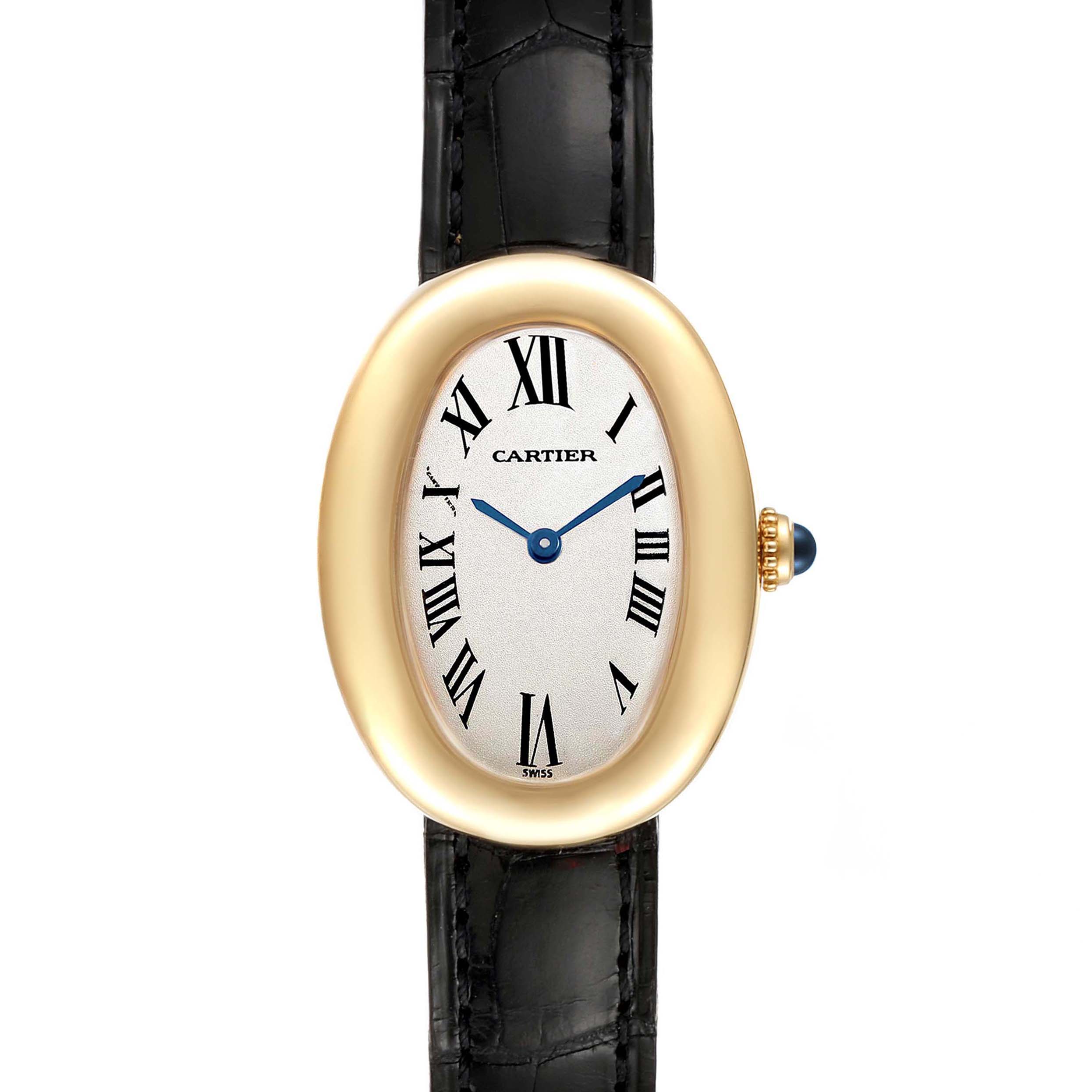 The image shows a front view of the Cartier Baignoire 1954 Women's Yellow Gold Silver Dial 1954 Women's Yellow Gold Silver Dial watch, highlighting its oval face, Roman numerals, and black leather strap.