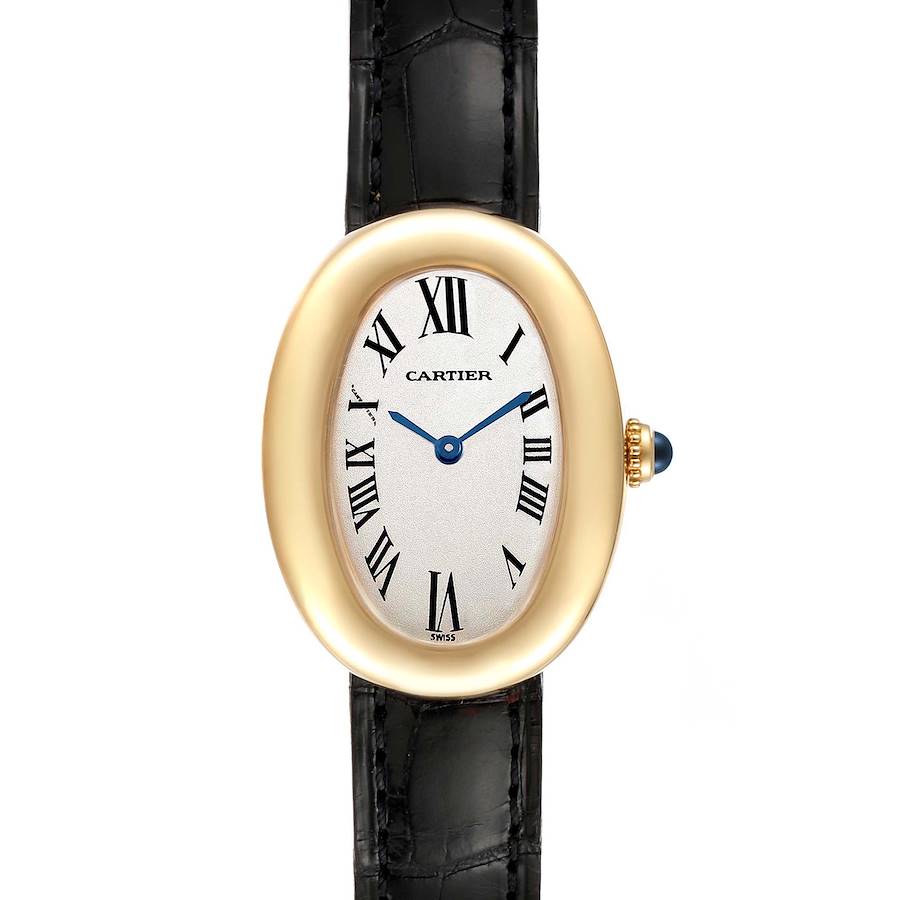 Cartier Baignoire Silver Dial Black Strap Yellow Gold Ladies Watch 1954 SwissWatchExpo