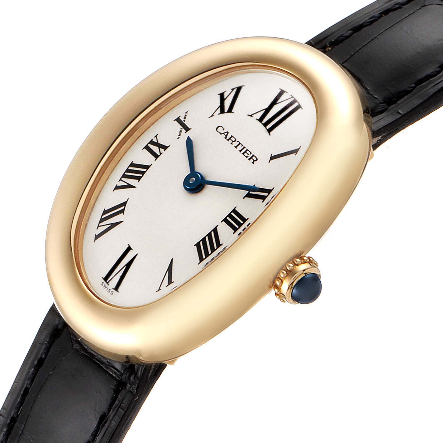 This image shows a close-up, angled view of the face, bezel, and part of the strap of the Cartier Baignoire 1954 Women's Yellow Gold Silver Dial 1954 Women's Yellow Gold Silver Dial watch.