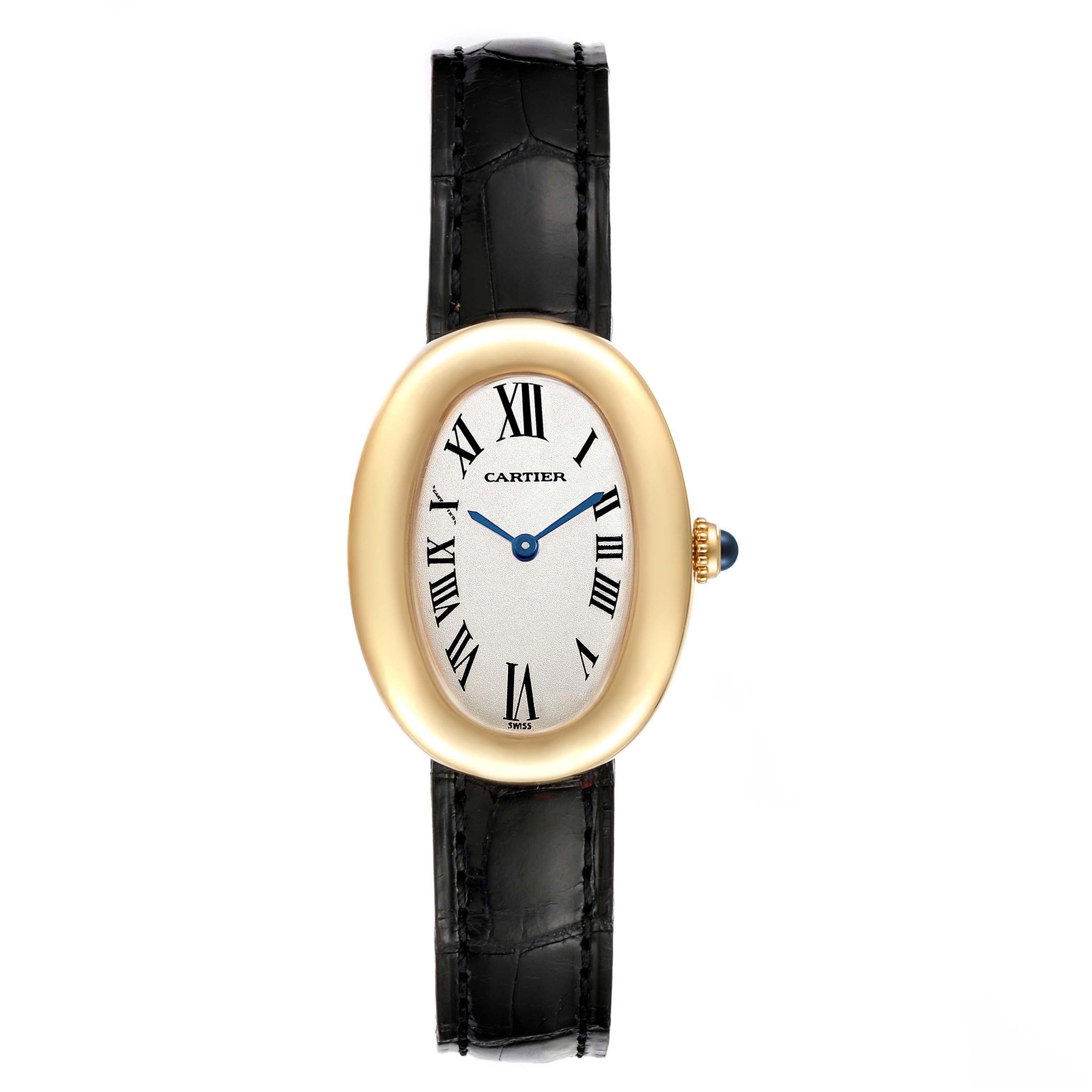 The Cartier Baignoire 1954 Women's Yellow Gold Silver Dial 1954 Women's Yellow Gold Silver Dial watch is shown from the front, displaying its oval face, Roman numeral markers, and black leather strap.