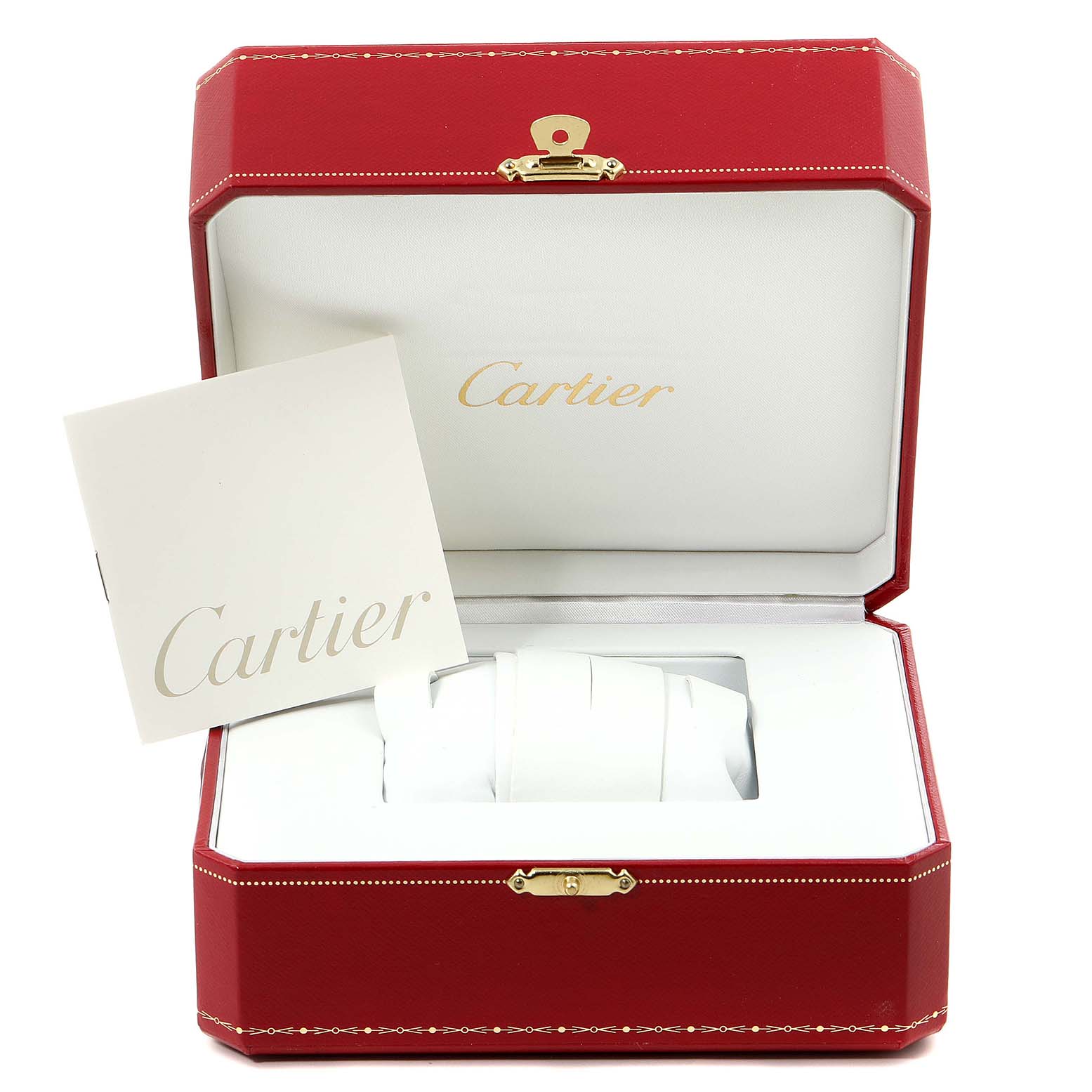The image shows an open Cartier Baignoire 1954 Women's Yellow Gold Silver Dial 1954 Women's Yellow Gold Silver Dial watch box with a protective cushion and a Cartier booklet inside.