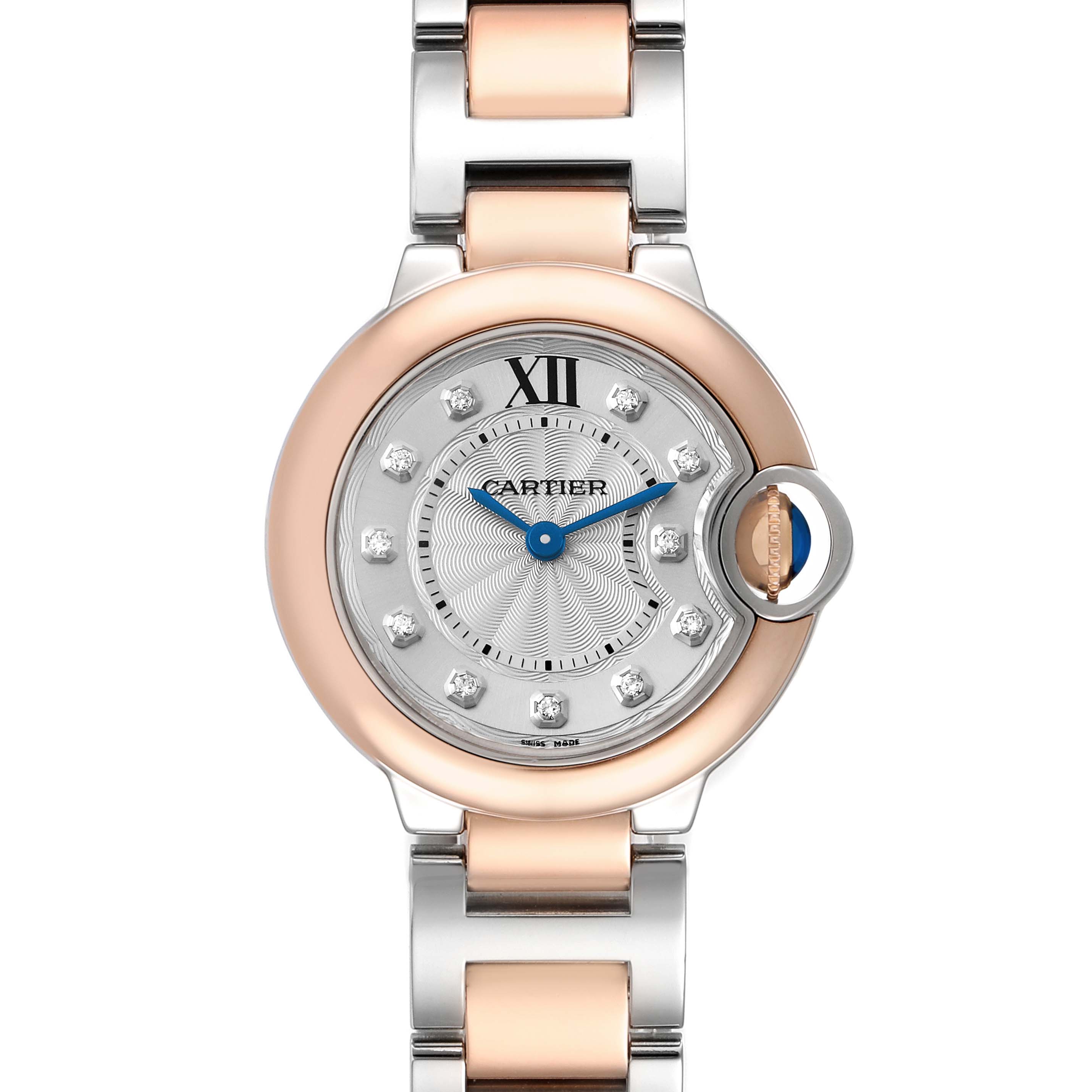 The Cartier Ballon Bleu W3BB0005 Women's Steel and Gold (two tone) Silver Dial watch is shown from a top-down view, highlighting the face, bezel, and part of the bracelet.