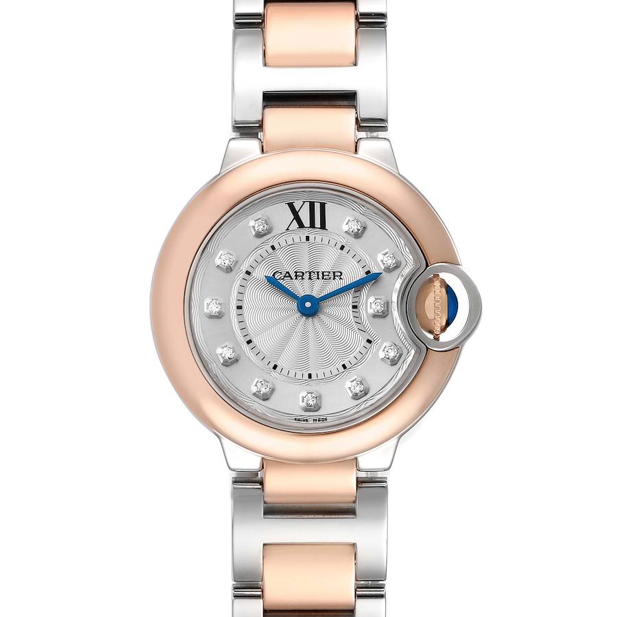 The Cartier Ballon Bleu W3BB0005 Women's Steel and Gold (two tone) Silver Dial watch is shown from a top-down view, highlighting the face, bezel, and part of the bracelet.