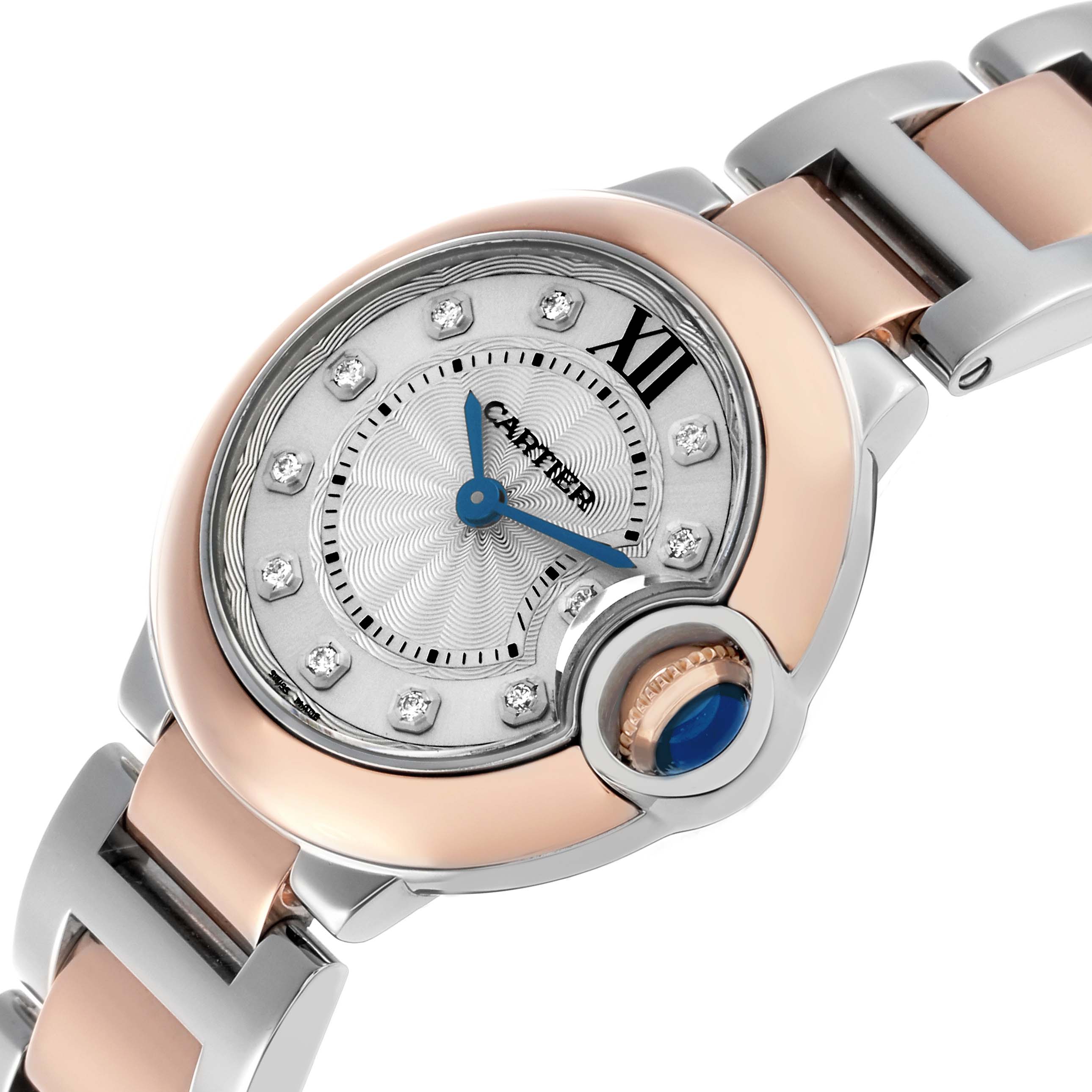 The Cartier Ballon Bleu W3BB0005 Women's Steel and Gold (two tone) Silver Dial watch is shown at an angle highlighting the dial, crown, and part of the bracelet.