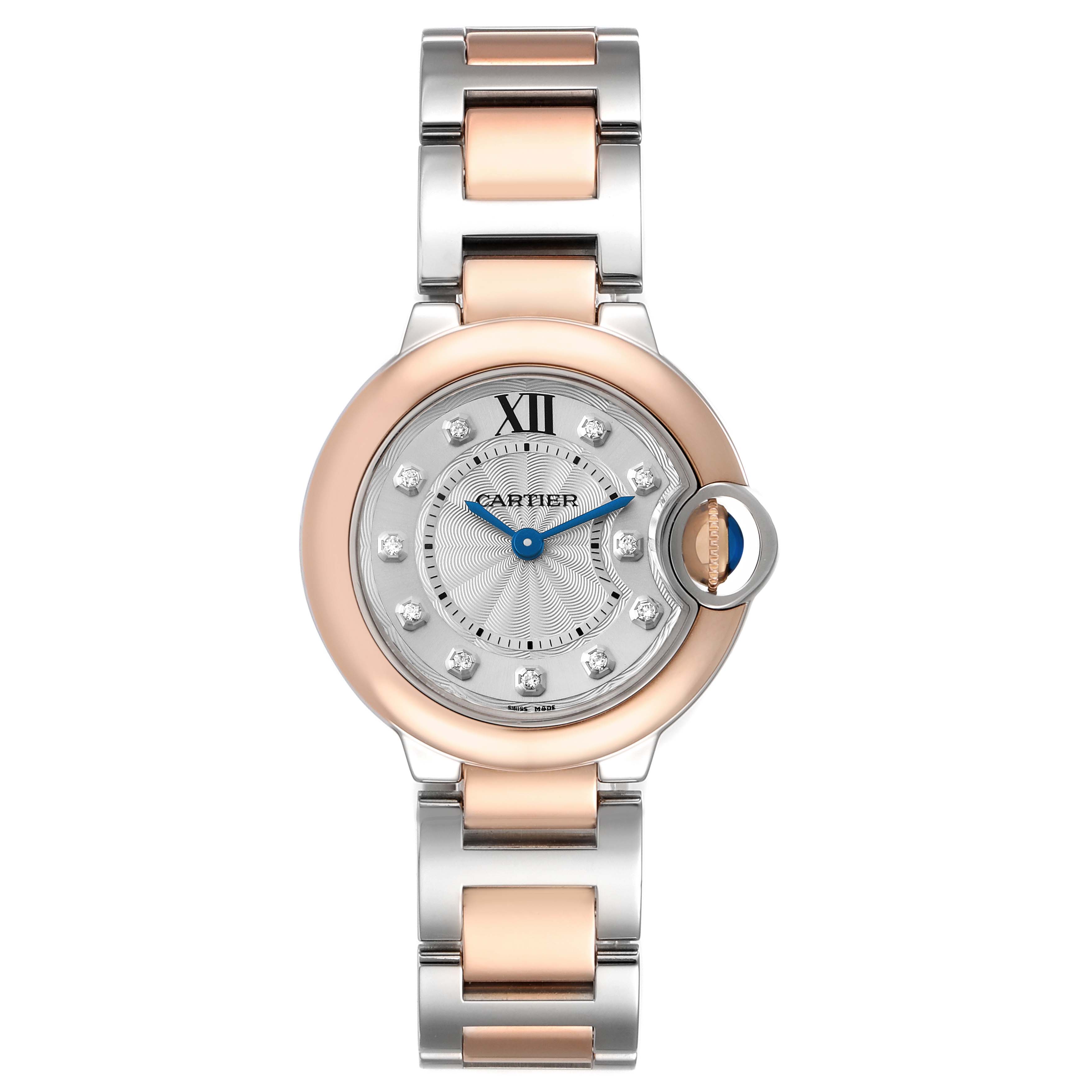 The image shows a front view of a Cartier Ballon Bleu W3BB0005 Women's Steel and Gold (two tone) Silver Dial watch with a two-tone metal bracelet and blue hands.
