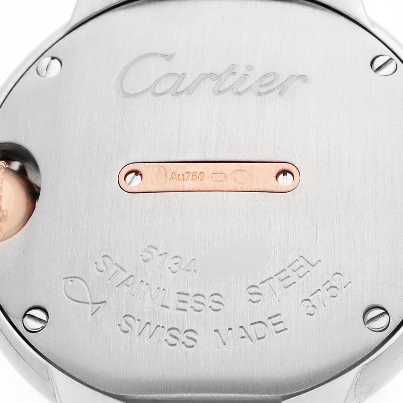 The image shows the back of the Cartier Ballon Bleu W3BB0005 Women's Steel and Gold (two tone) Silver Dial watch, highlighting branding, material, and markings.