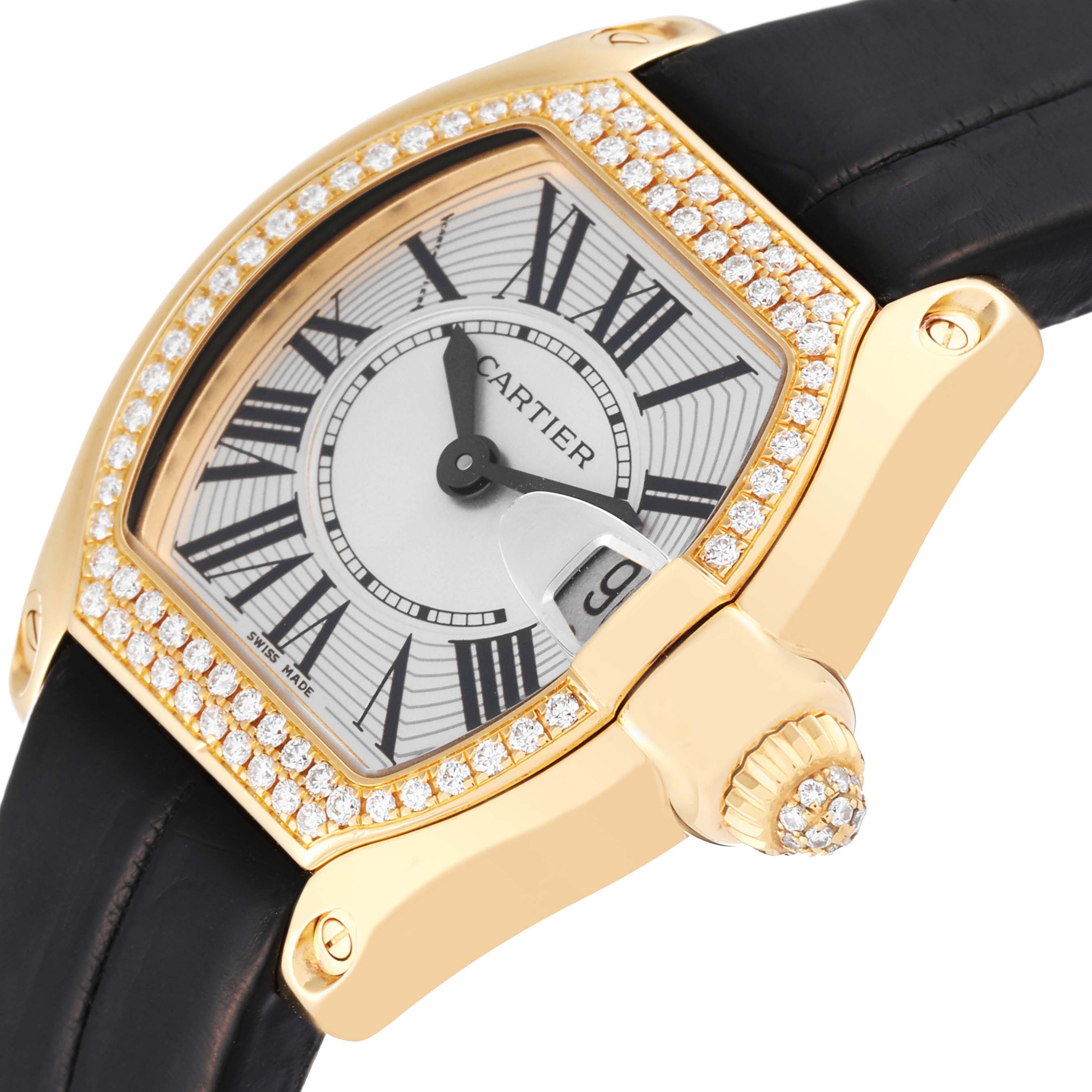 The image shows a Cartier Roadster WE500160 Women's Yellow Gold Silver Dial WE500160 Women's Yellow Gold Silver Dial watch at a close-up angle highlighting the dial, case, strap, and crown.