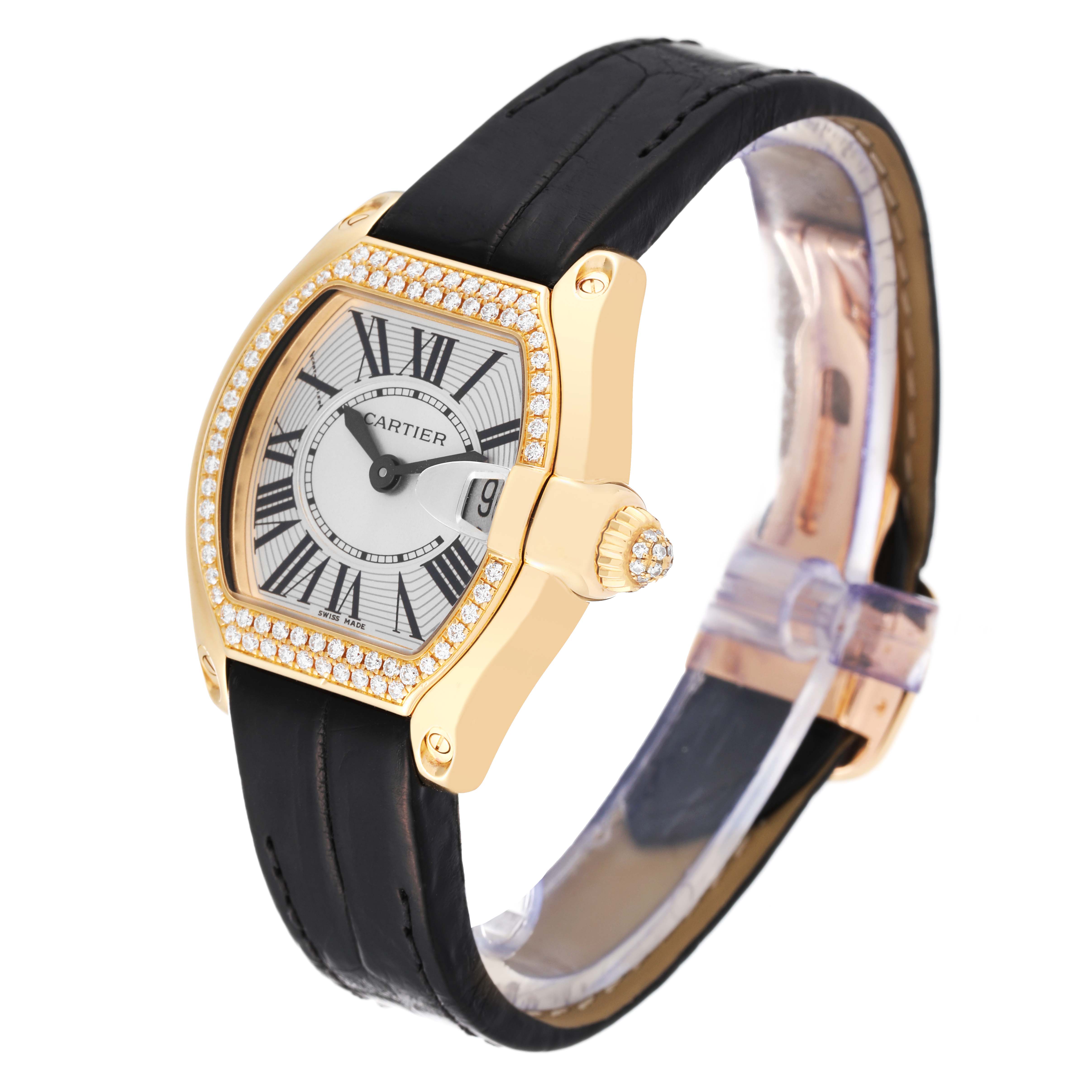 This Cartier Roadster WE500160 Women's Yellow Gold Silver Dial WE500160 Women's Yellow Gold Silver Dial watch is shown at a three-quarter angle, displaying the dial, bezel, crown, and leather strap.