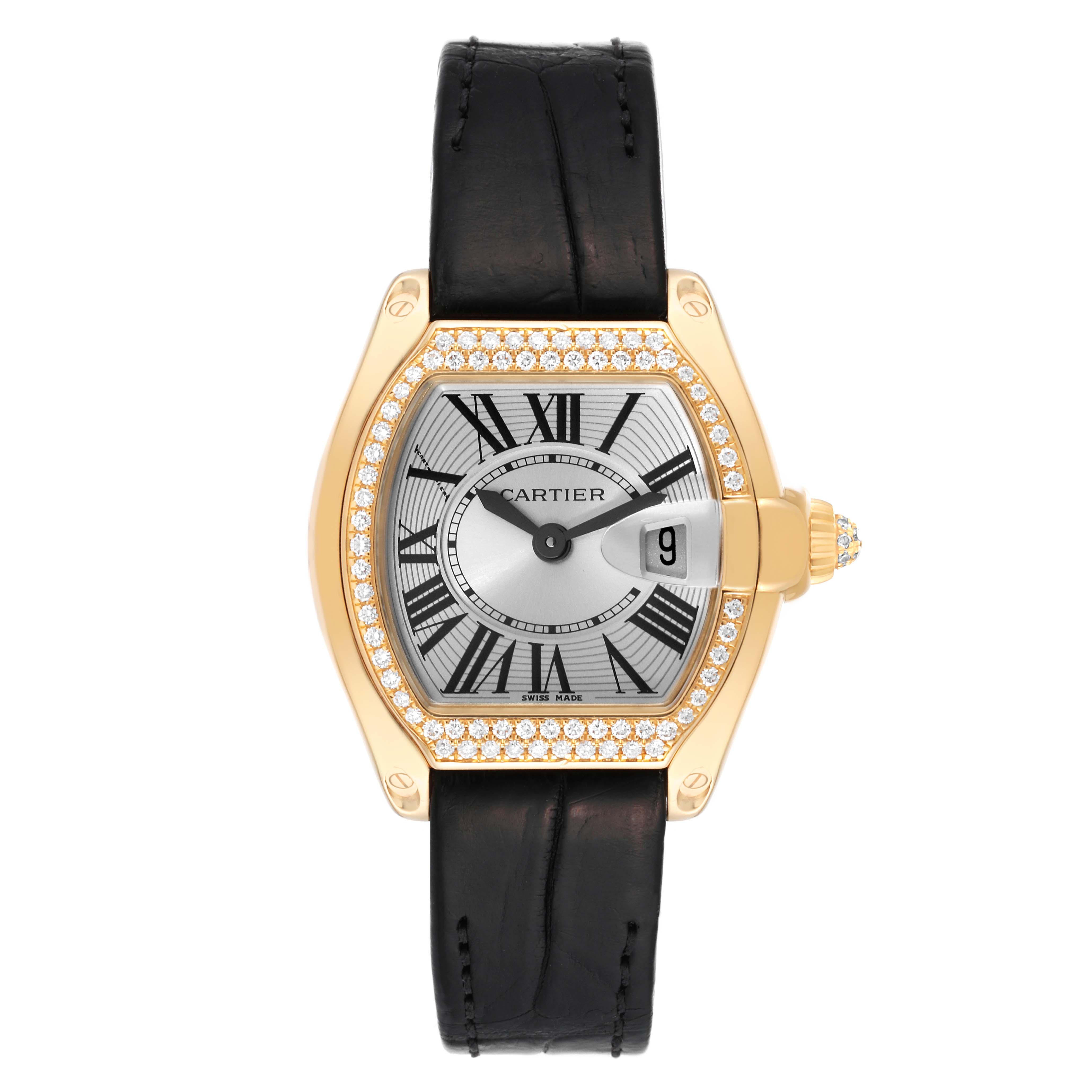 The image shows a Cartier Roadster WE500160 Women's Yellow Gold Silver Dial WE500160 Women's Yellow Gold Silver Dial watch from a front angle, highlighting its face, bezel, and black leather strap.