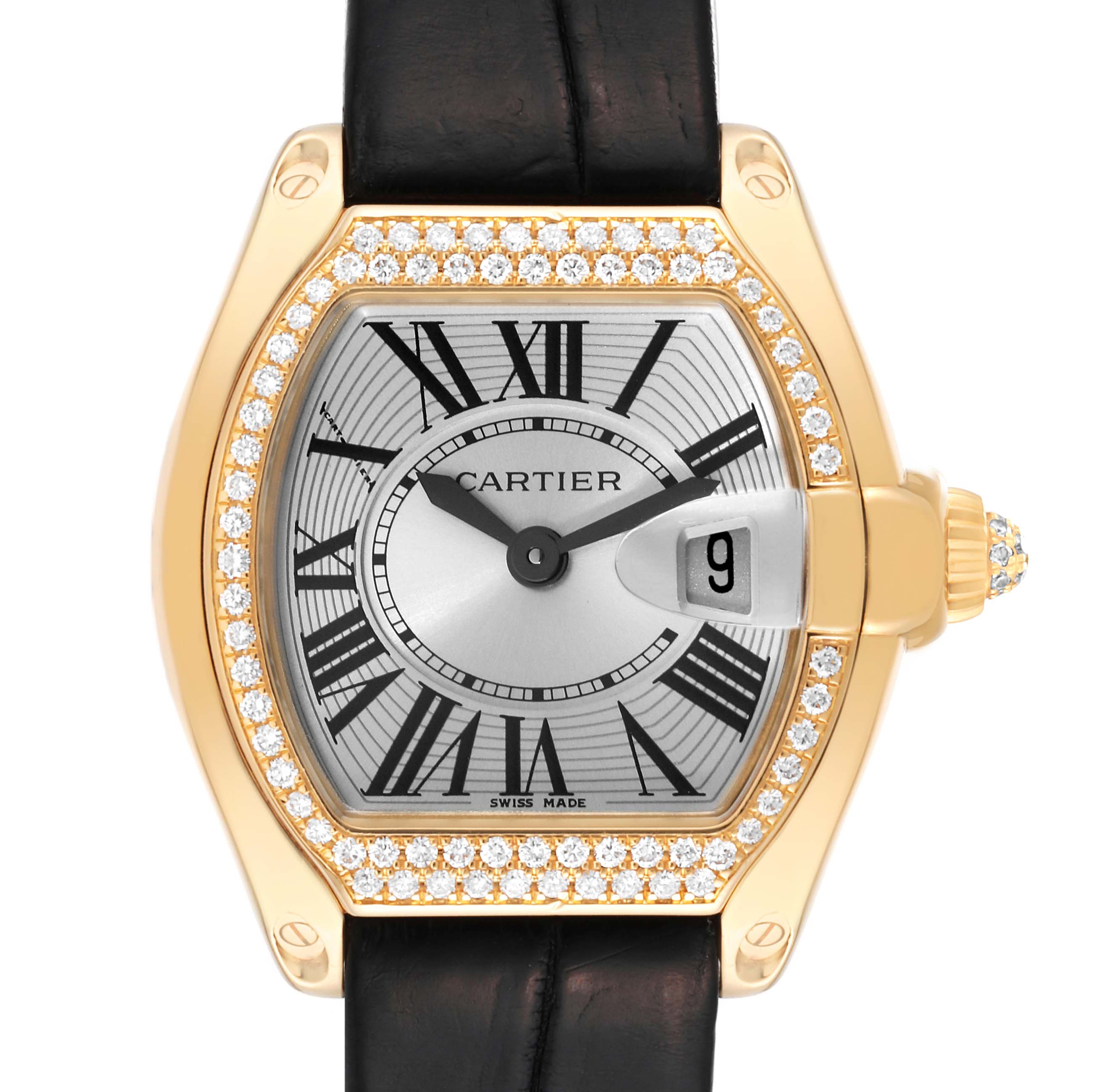 The image shows a frontal view of the Cartier Roadster WE500160 Women's Yellow Gold Silver Dial WE500160 Women's Yellow Gold Silver Dial watch, highlighting the face, bezel, and strap.