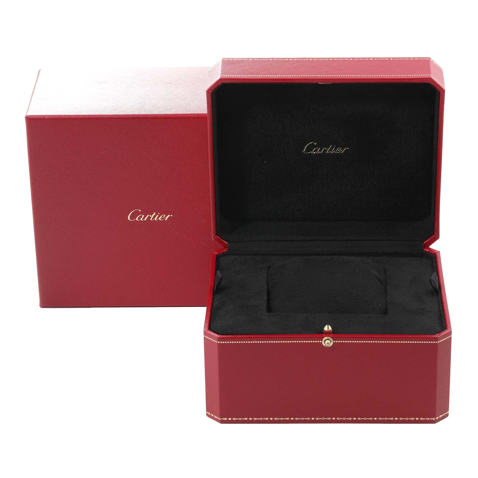 The image shows an open red Cartier box with black interior, designed for the Roadster model by Cartier.