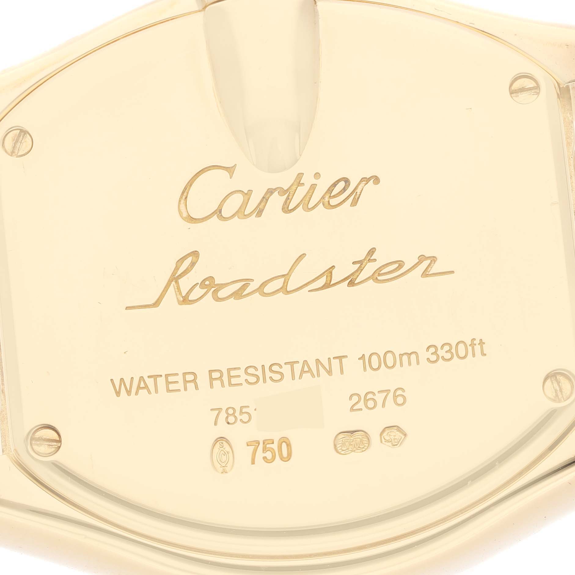 The image shows the back case of a Cartier Roadster WE500160 Women's Yellow Gold Silver Dial WE500160 Women's Yellow Gold Silver Dial watch, highlighting its engravings and water resistance markings.