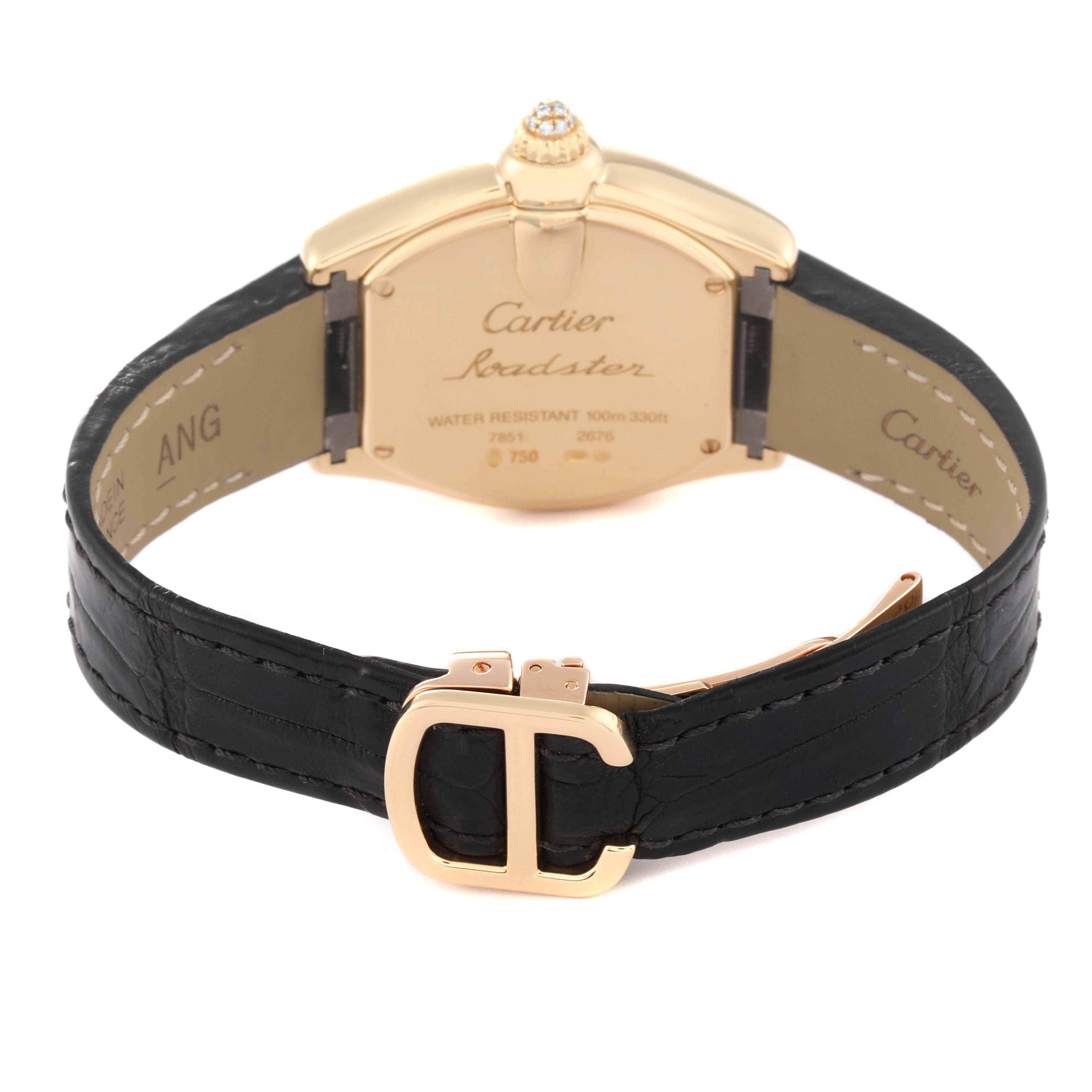 The image shows the back view of the Cartier Roadster WE500160 Women's Yellow Gold Silver Dial WE500160 Women's Yellow Gold Silver Dial watch, highlighting the clasp and case back.