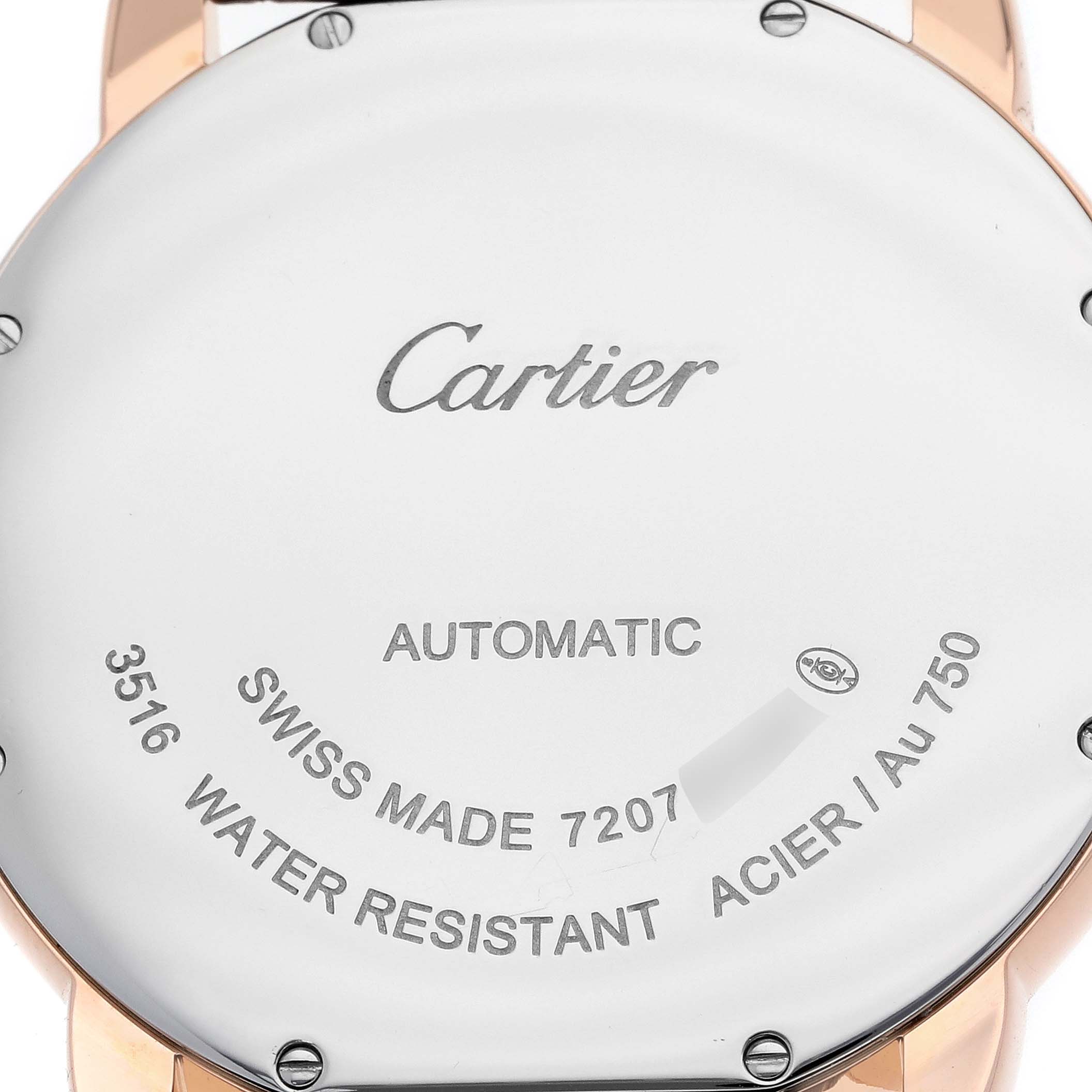The image shows the back case of a Cartier Ronde W6701009 Men's Rose Gold Silver Dial model watch, displaying "Cartier" with details like "Automatic" and "Water Resistant."