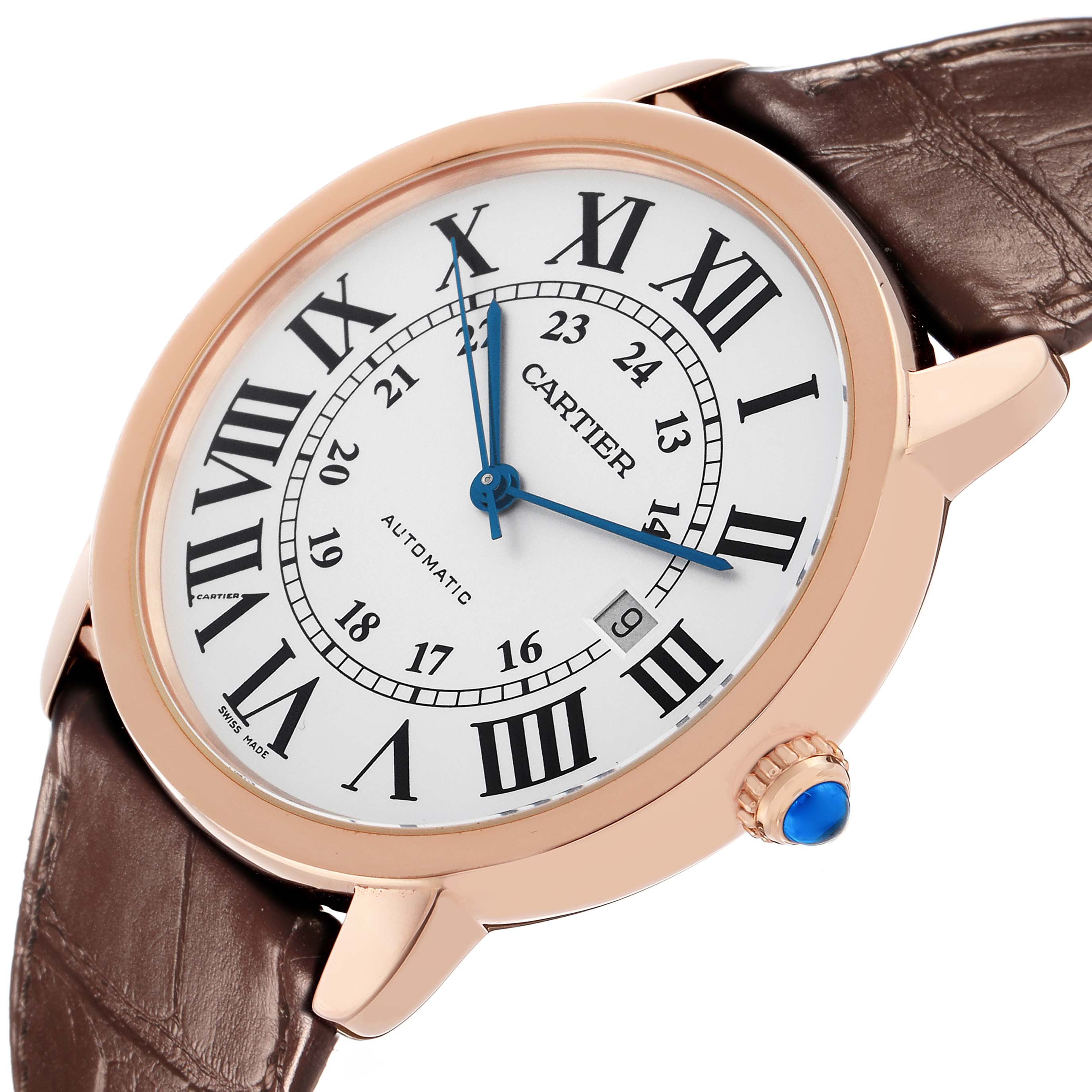 The Cartier Ronde W6701009 Men's Rose Gold Silver Dial watch is shown at a tilted angle, highlighting the dial, Roman numerals, blue hands, and brown leather strap.