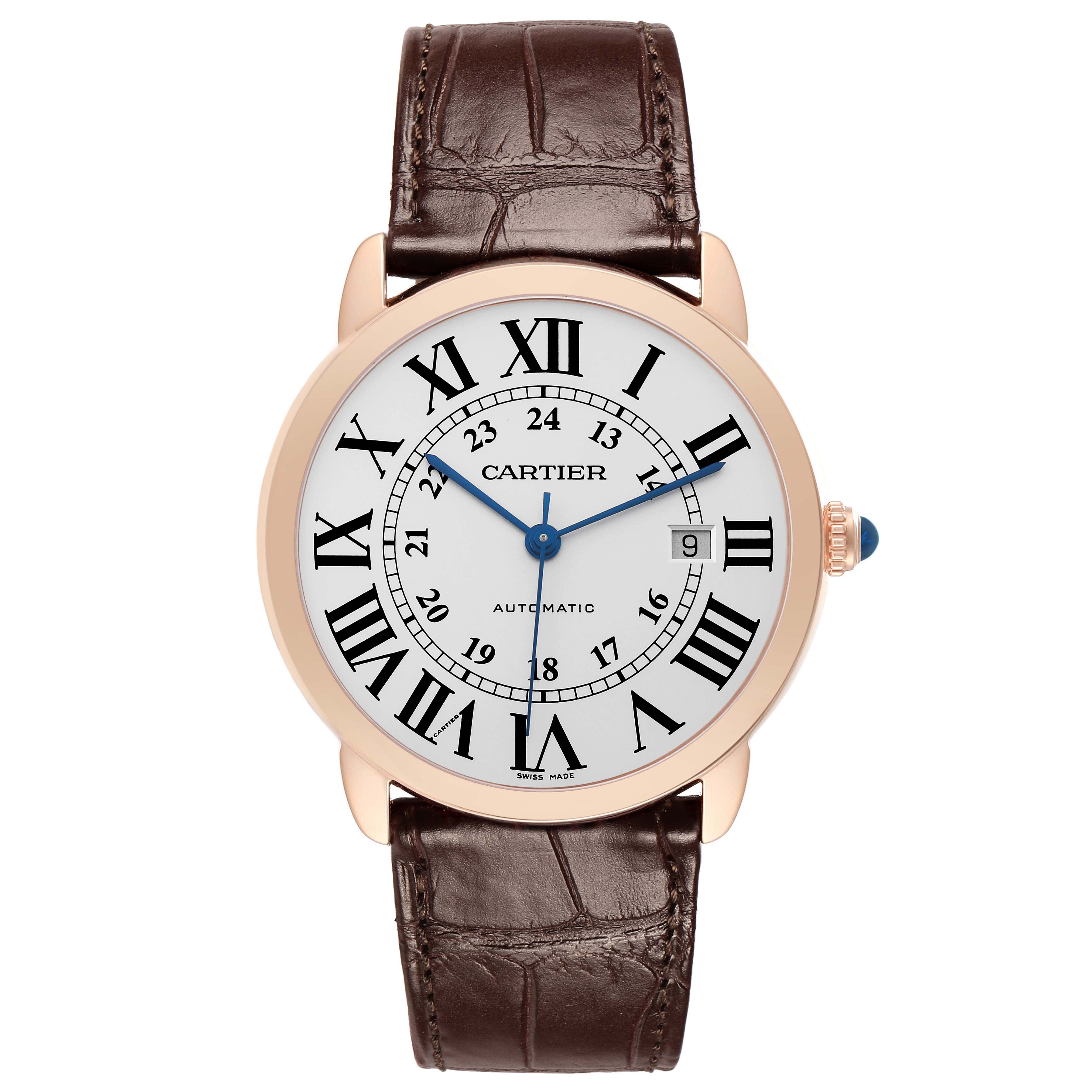 The Cartier Ronde W6701009 Men's Rose Gold Silver Dial watch is shown from a front angle, displaying its dial, case, and brown leather strap.