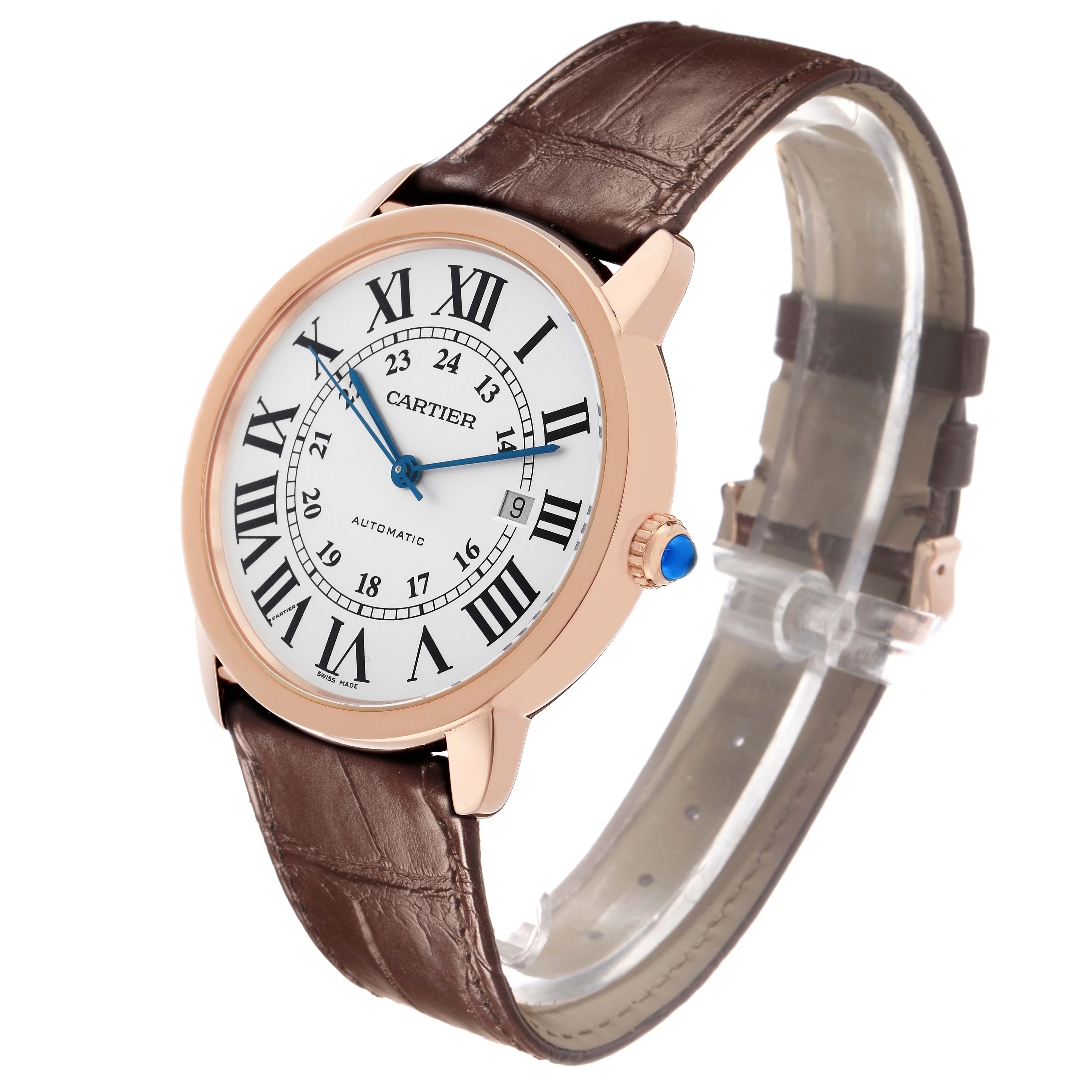 The Cartier Ronde W6701009 Men's Rose Gold Silver Dial watch is shown at a three-quarter angle, highlighting the dial, case, and leather strap.