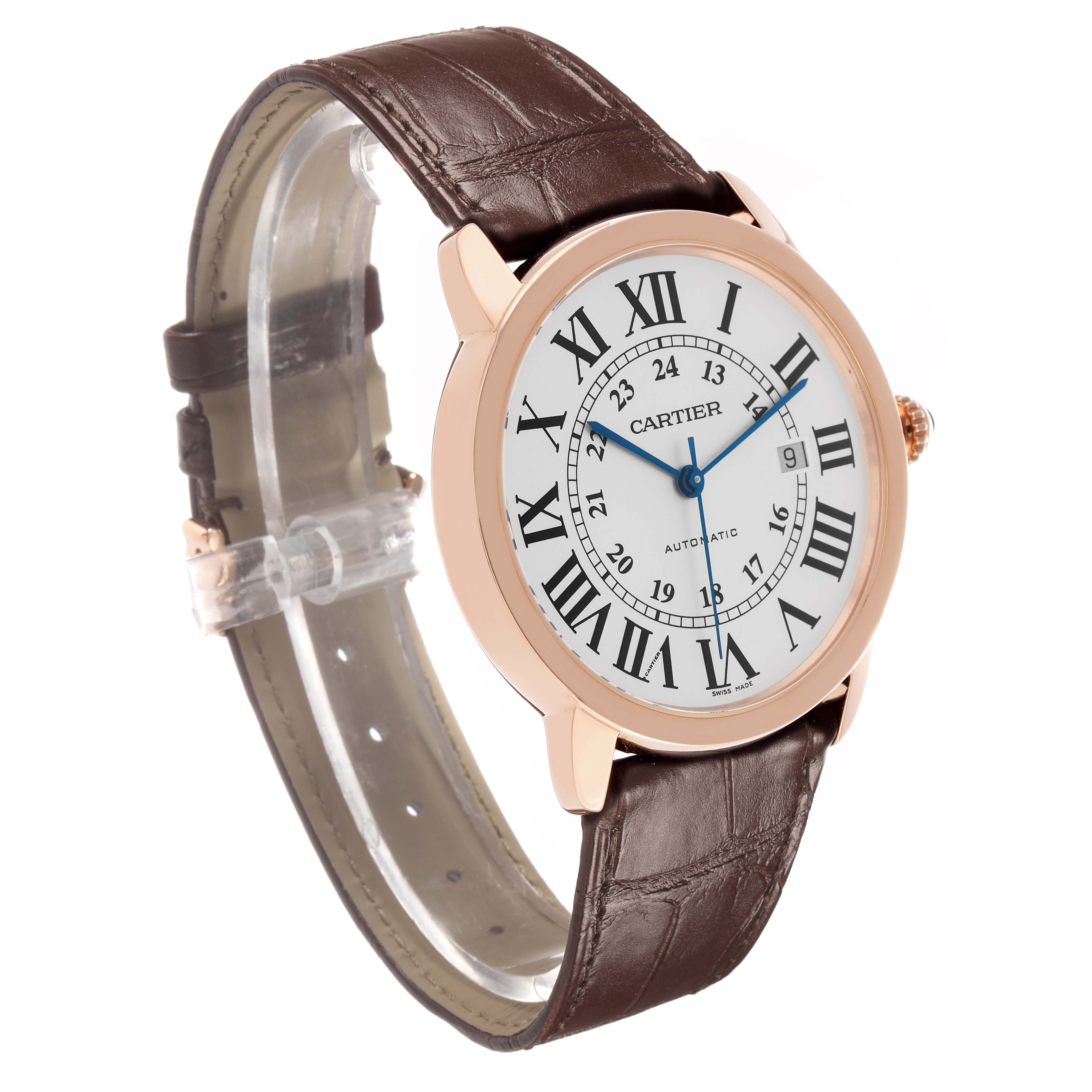 The Cartier Ronde W6701009 Men's Rose Gold Silver Dial watch is shown at a three-quarter angle, displaying the dial, case, crown, and strap.