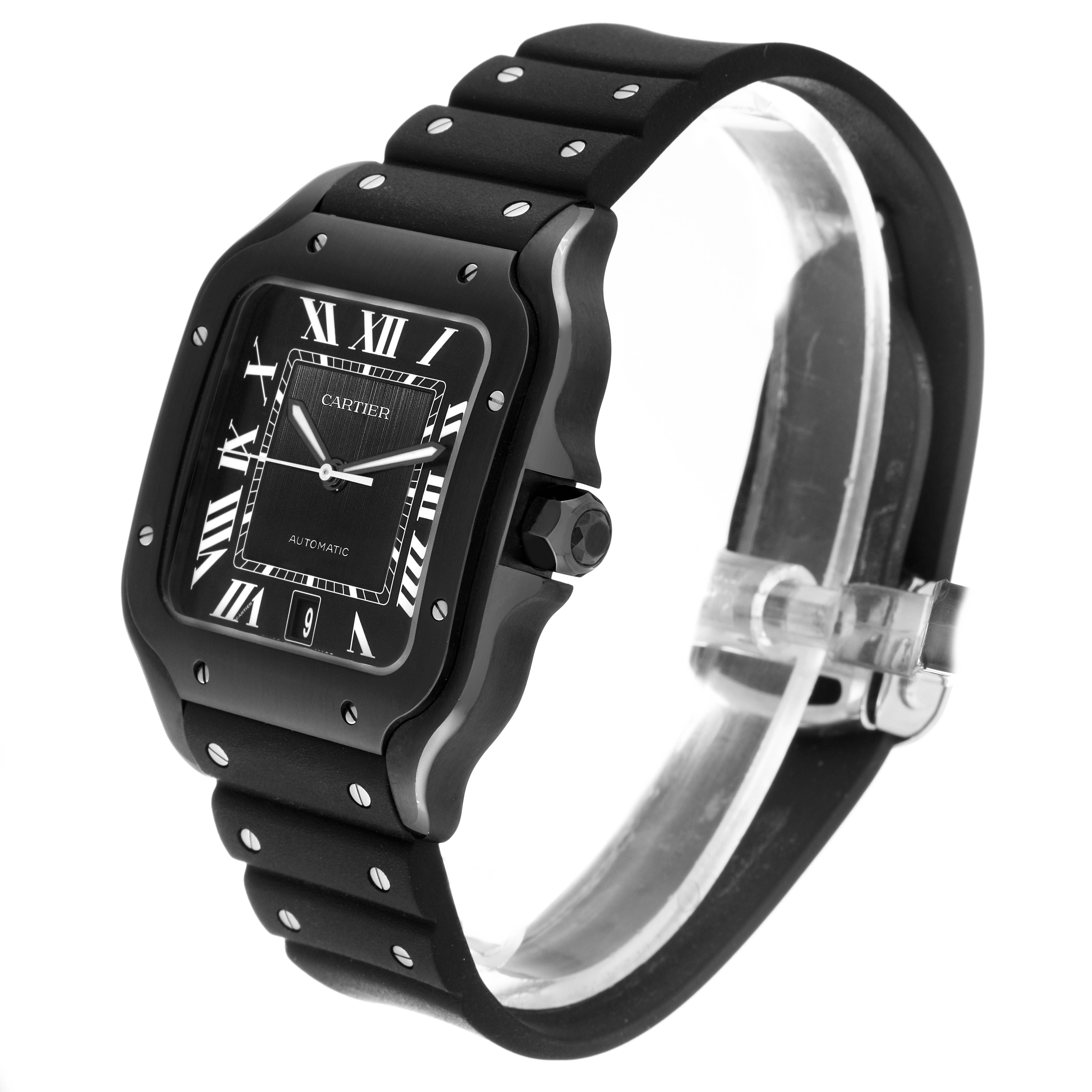 This image shows a Cartier Santos WSSA0039 Men's Stainless Steel Black Dial WSSA0039 Men's Stainless Steel Black Dial watch at a three-quarter angle, highlighting its face, bezel, crown, and strap.