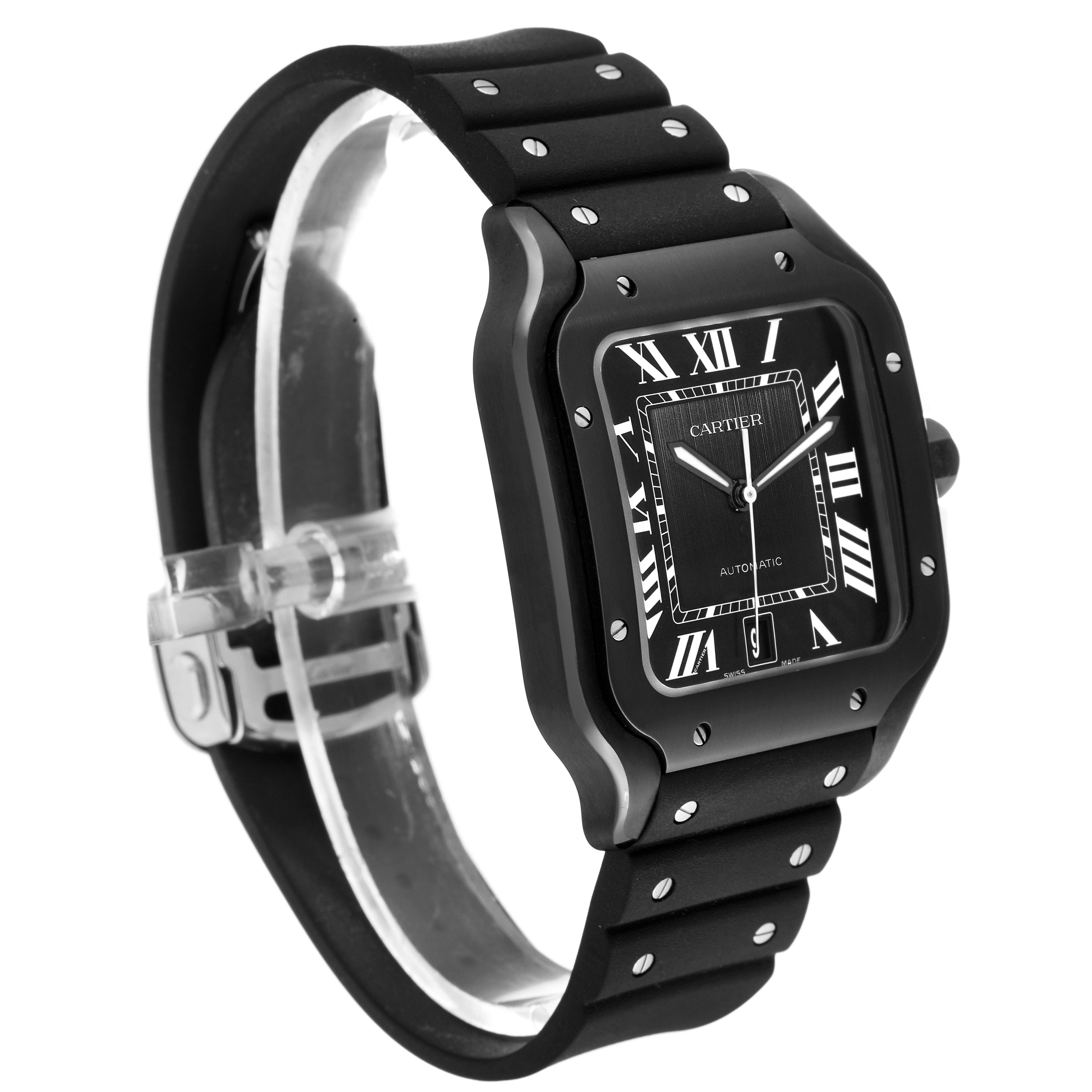 The image shows a Cartier Santos WSSA0039 Men's Stainless Steel Black Dial WSSA0039 Men's Stainless Steel Black Dial watch from a 3/4 angle, highlighting its face, case, and strap.