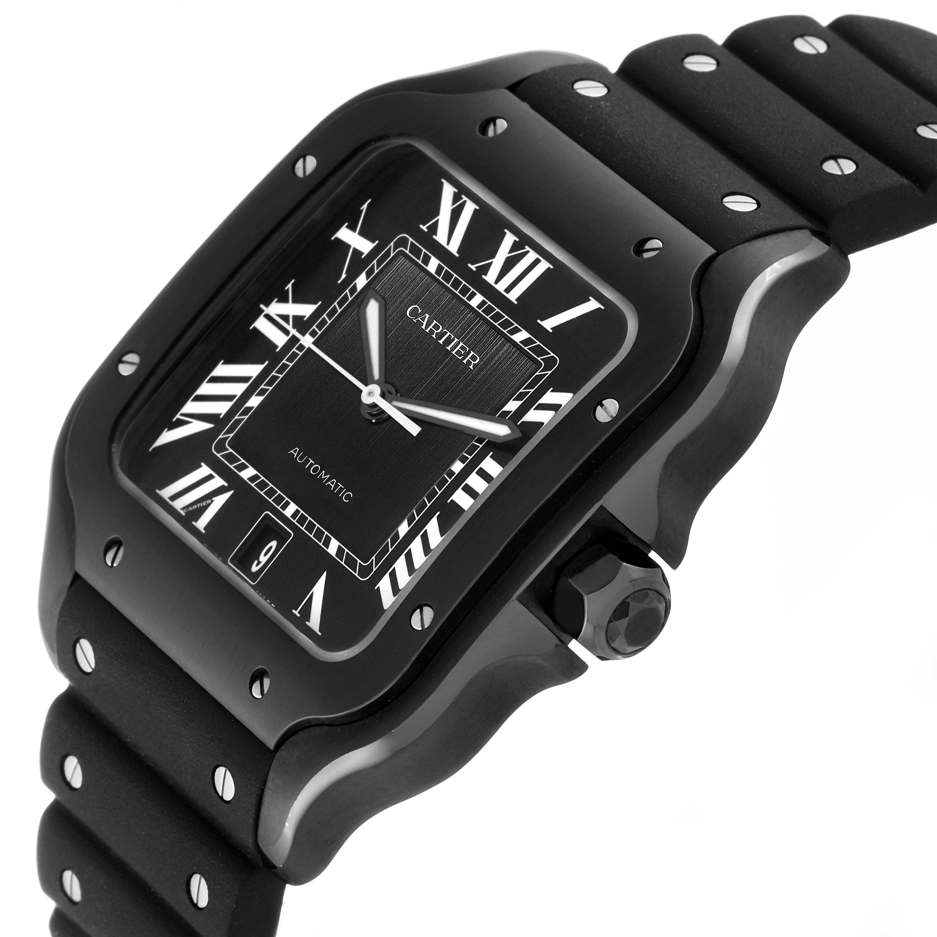 This image shows a close-up diagonal view of the Cartier Santos WSSA0039 Men's Stainless Steel Black Dial WSSA0039 Men's Stainless Steel Black Dial watch, highlighting its black dial, Roman numerals, and part of the strap.
