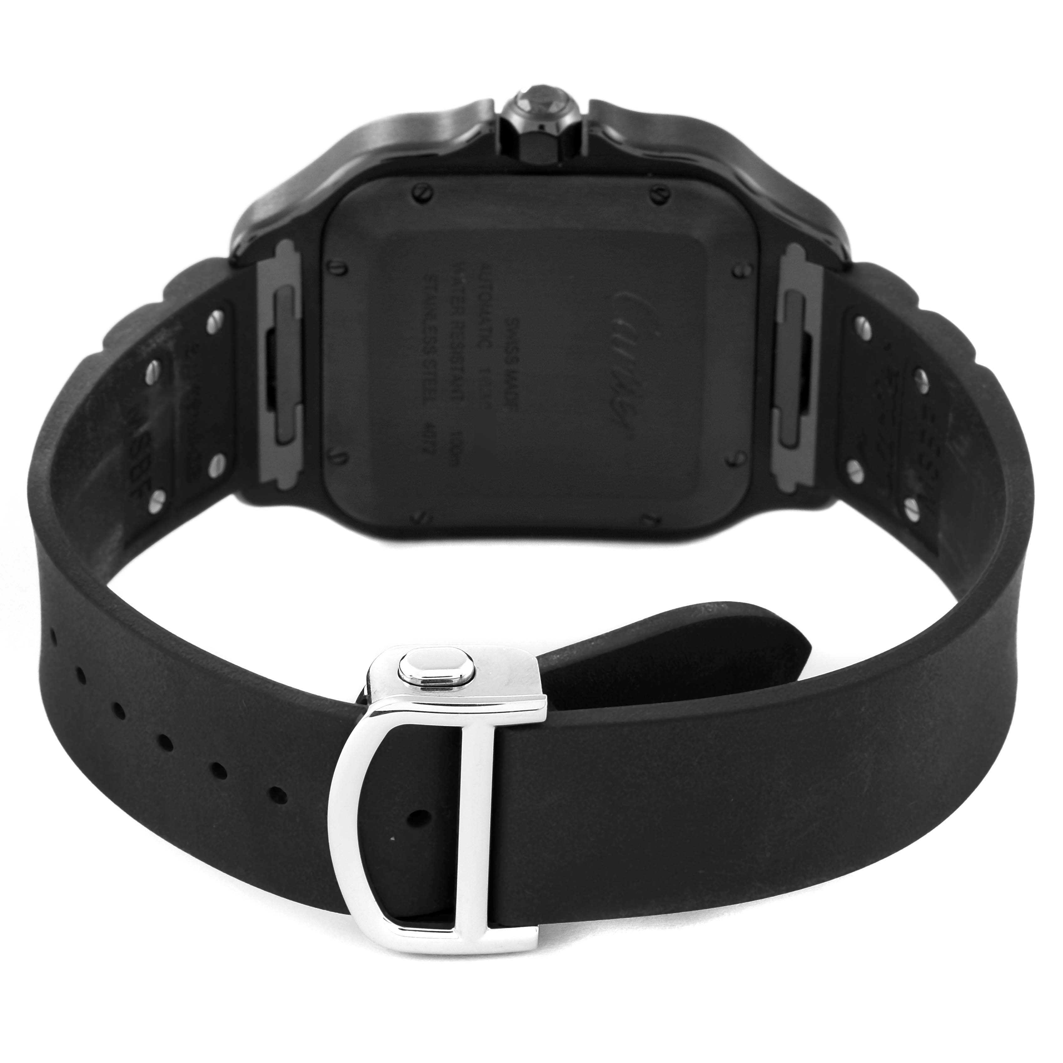 This image shows the back view of a Santos model watch by Cartier, featuring its case, strap, and clasp.