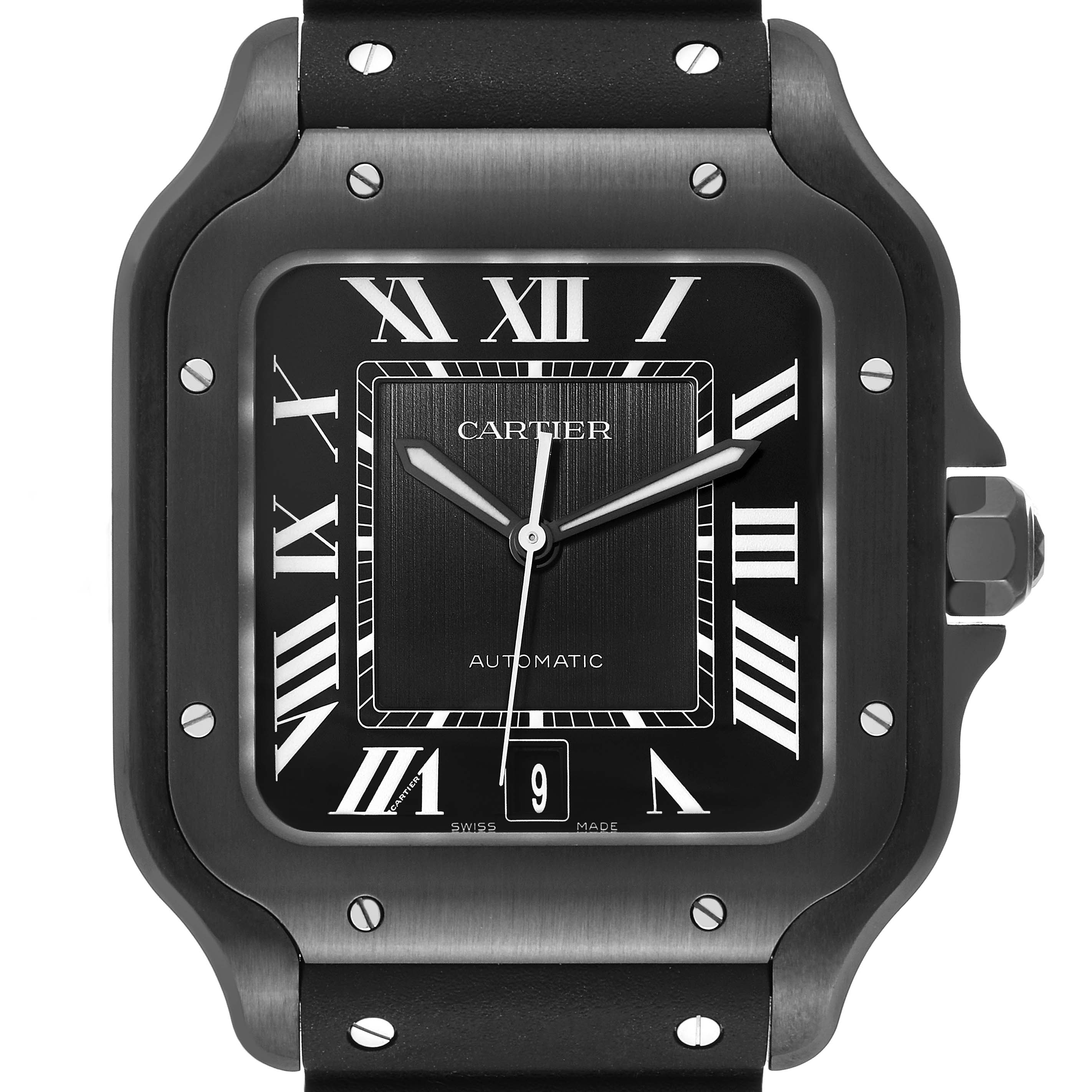 The image shows a front view of a Cartier Santos WSSA0039 Men's Stainless Steel Black Dial WSSA0039 Men's Stainless Steel Black Dial watch, featuring its square black dial, Roman numerals, and black strap.