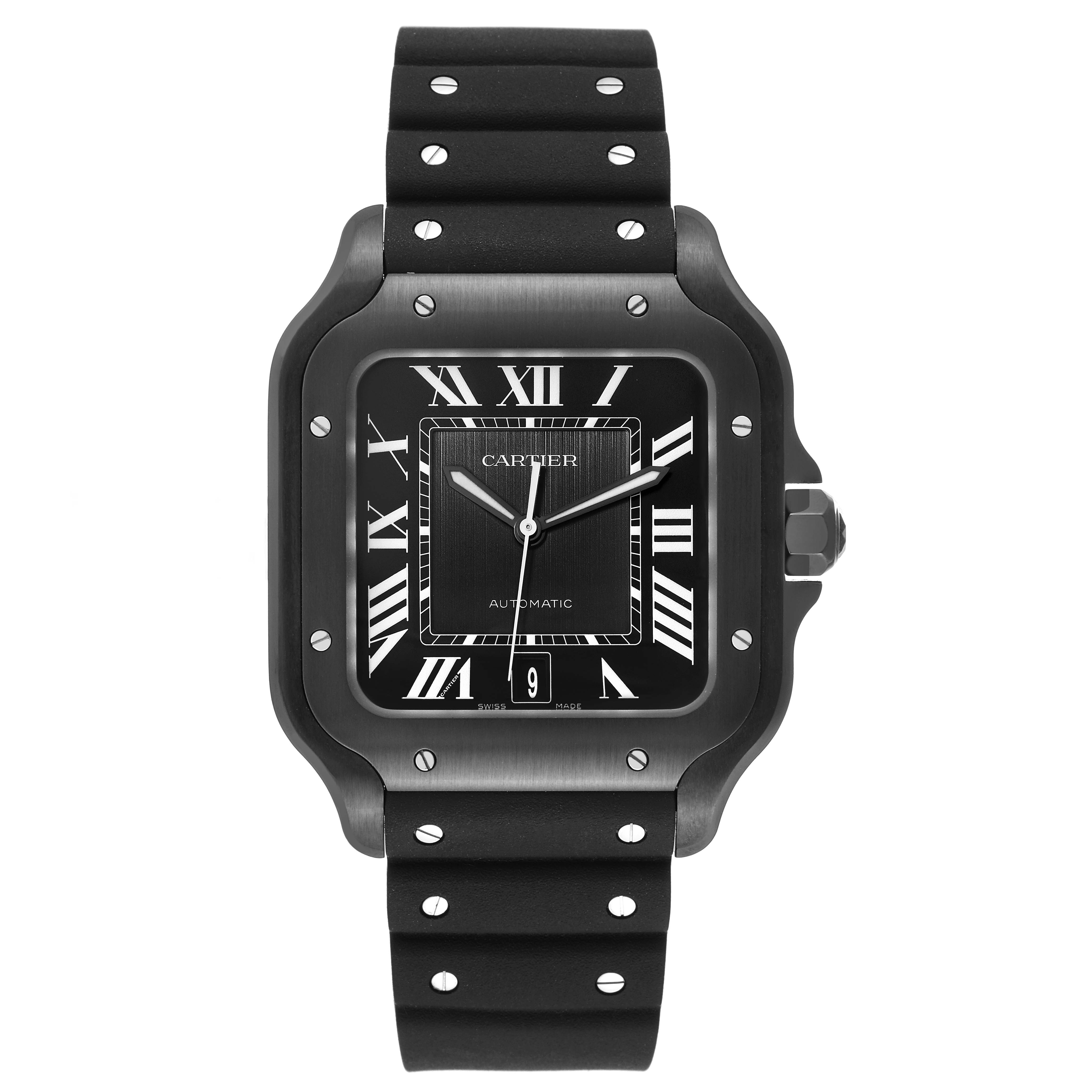 The image shows a front view of the Cartier Santos WSSA0039 Men's Stainless Steel Black Dial WSSA0039 Men's Stainless Steel Black Dial model watch with a black dial and strap.