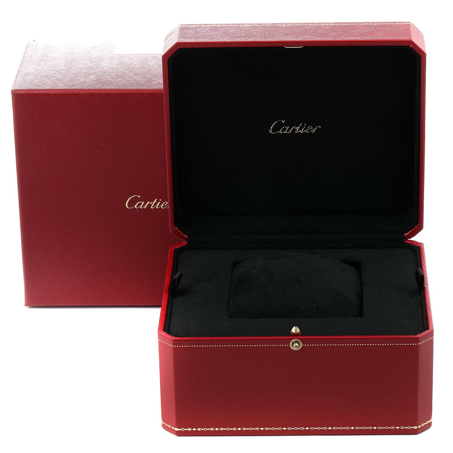 The image shows an open red Cartier box for the Tank Française model watch, with a black interior.