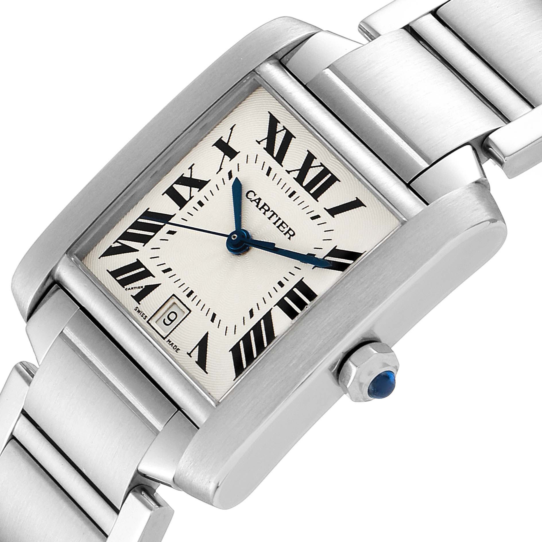 The image shows a close-up angle of the Cartier Tank Francaise W51002Q3 Men's Stainless Steel Silver Dial W51002Q3 Men's Stainless Steel Silver Dial watch, highlighting the face, crown, and part of the bracelet.