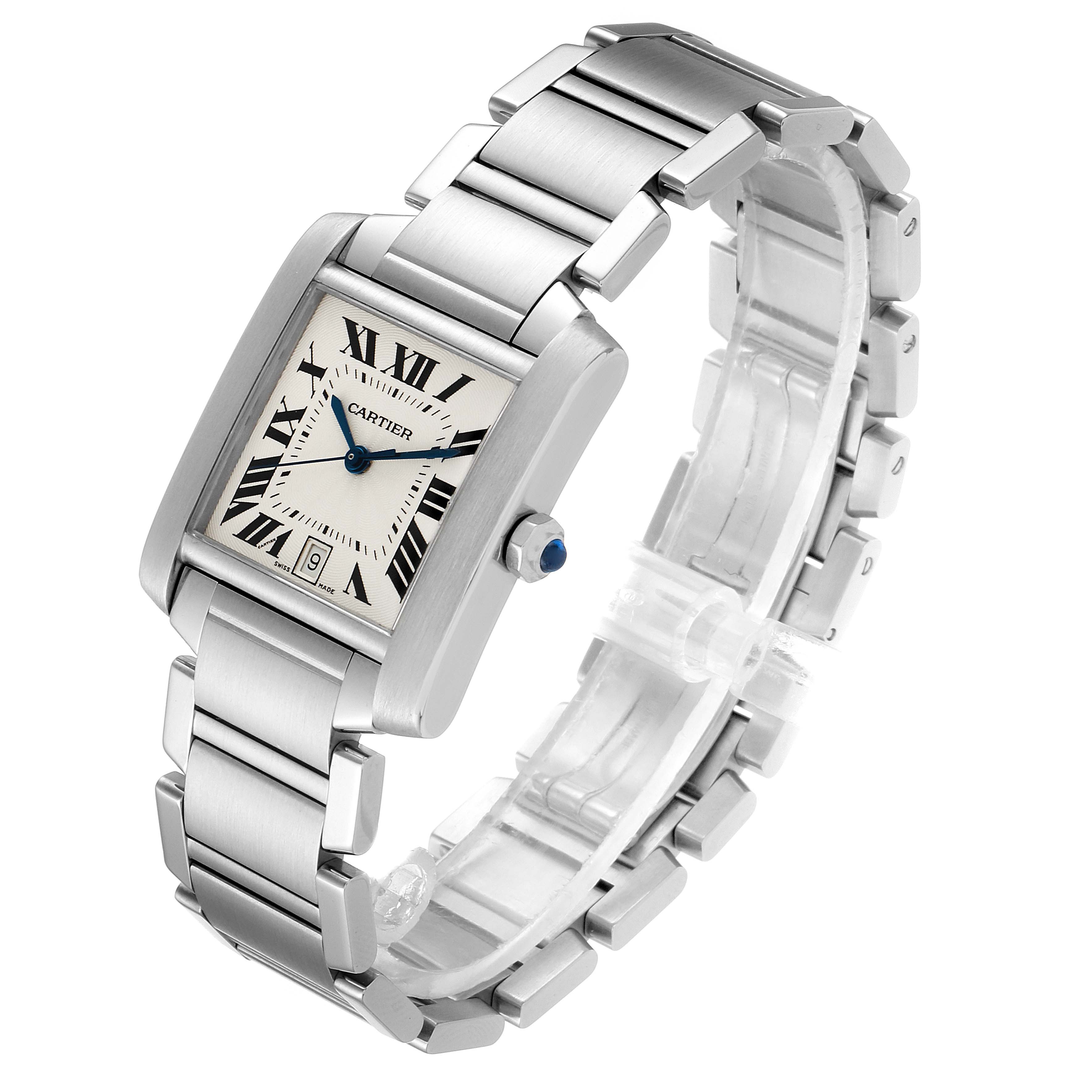 The image shows a Cartier Tank Francaise W51002Q3 Men's Stainless Steel Silver Dial W51002Q3 Men's Stainless Steel Silver Dial watch at a three-quarter angle, highlighting its rectangular face and stainless steel bracelet.
