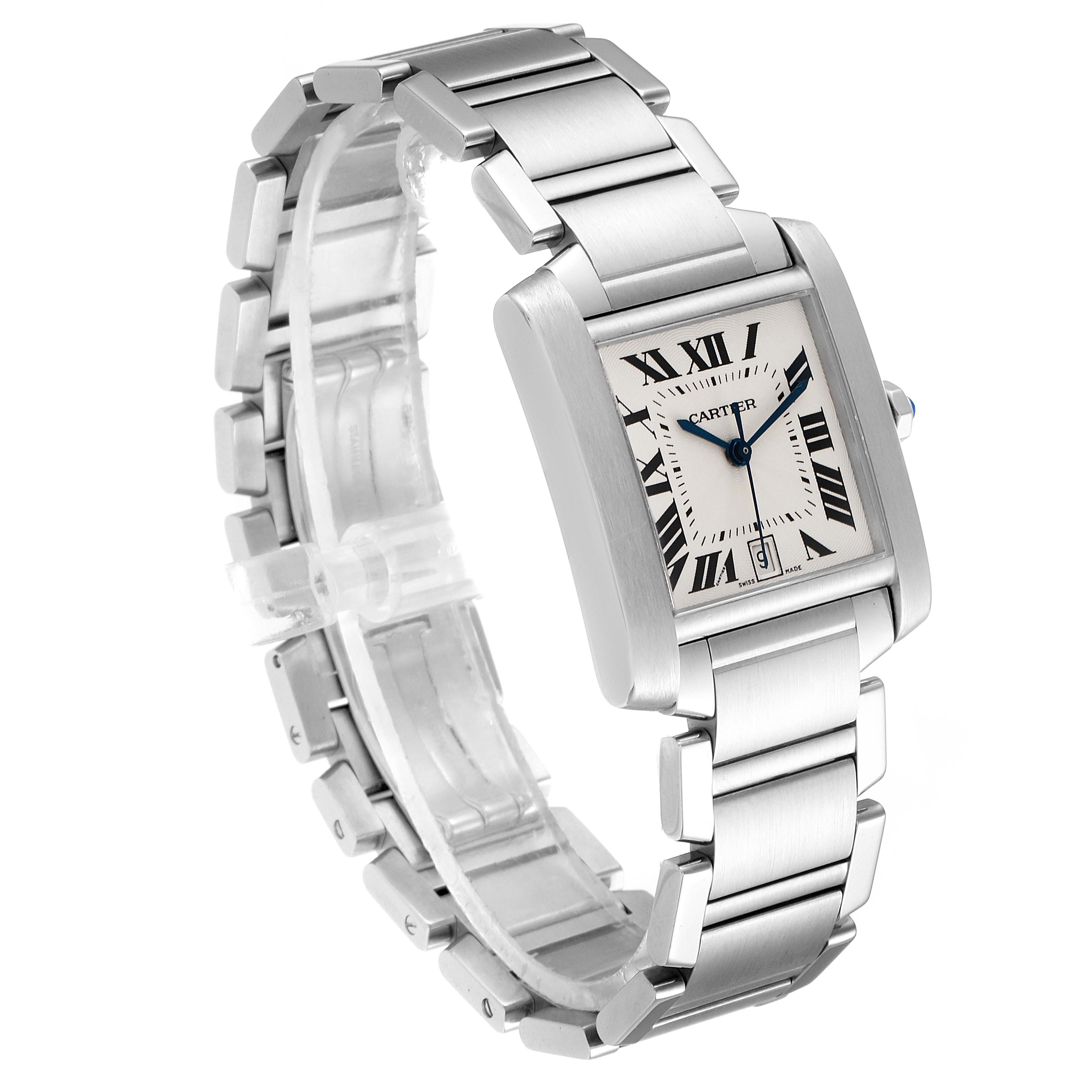 The image shows a Cartier Tank Francaise W51002Q3 Men's Stainless Steel Silver Dial W51002Q3 Men's Stainless Steel Silver Dial watch at a three-quarter angle, highlighting the bracelet and rectangular watch face.