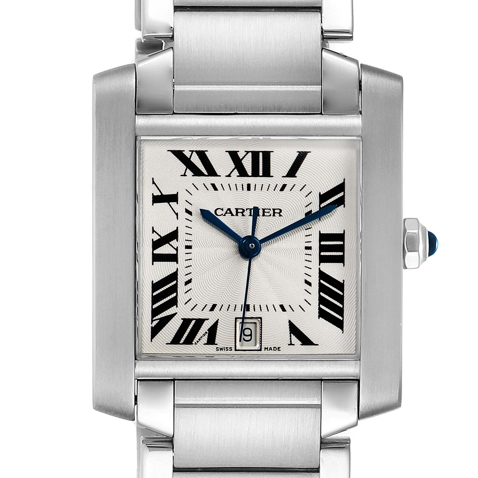 This image shows a front view of the Cartier Tank Francaise W51002Q3 Men's Stainless Steel Silver Dial W51002Q3 Men's Stainless Steel Silver Dial watch, highlighting its face, Roman numerals, and part of the metal bracelet.