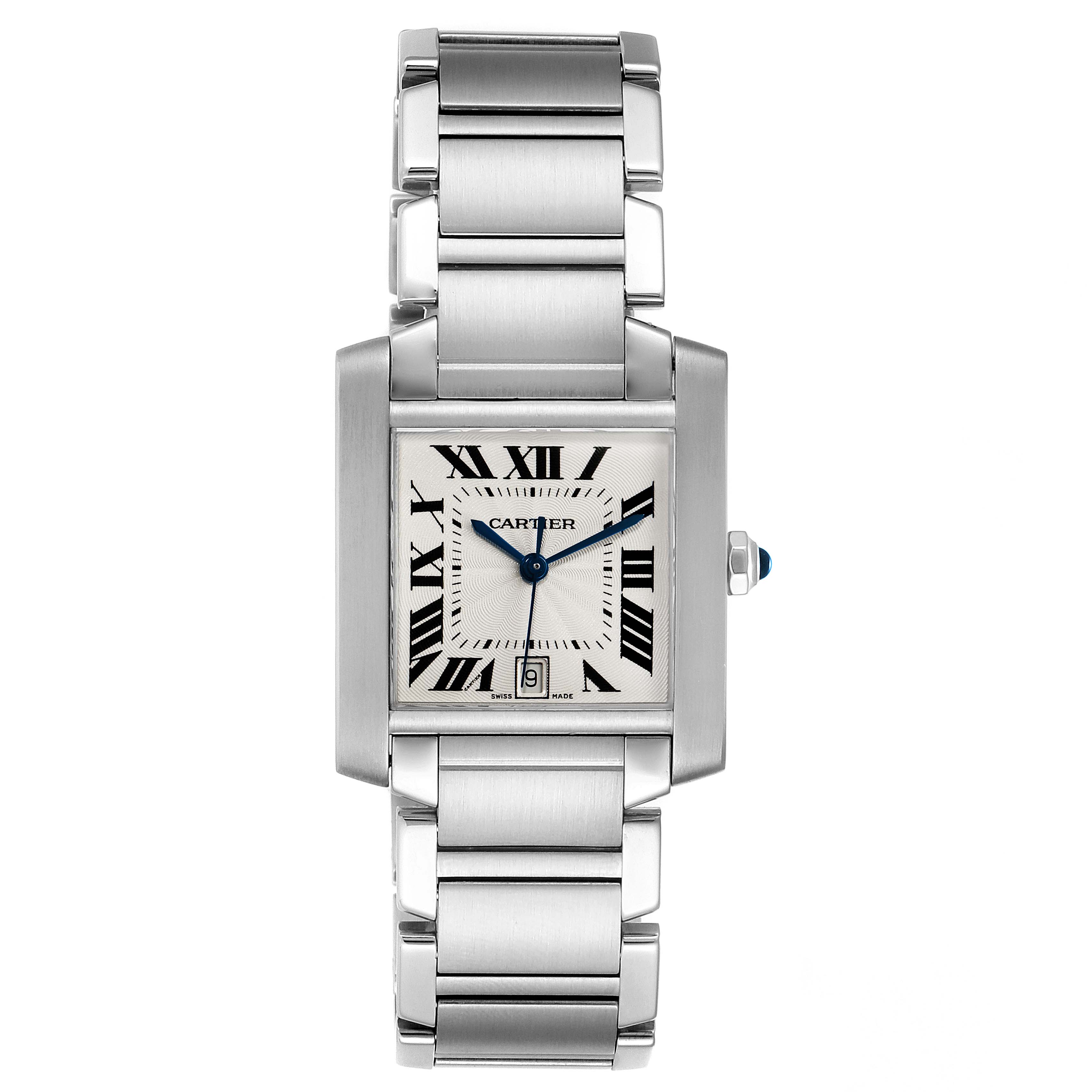 The image shows a front view of the Cartier Tank Francaise W51002Q3 Men's Stainless Steel Silver Dial W51002Q3 Men's Stainless Steel Silver Dial watch, highlighting its rectangular case, bracelet, and dial.