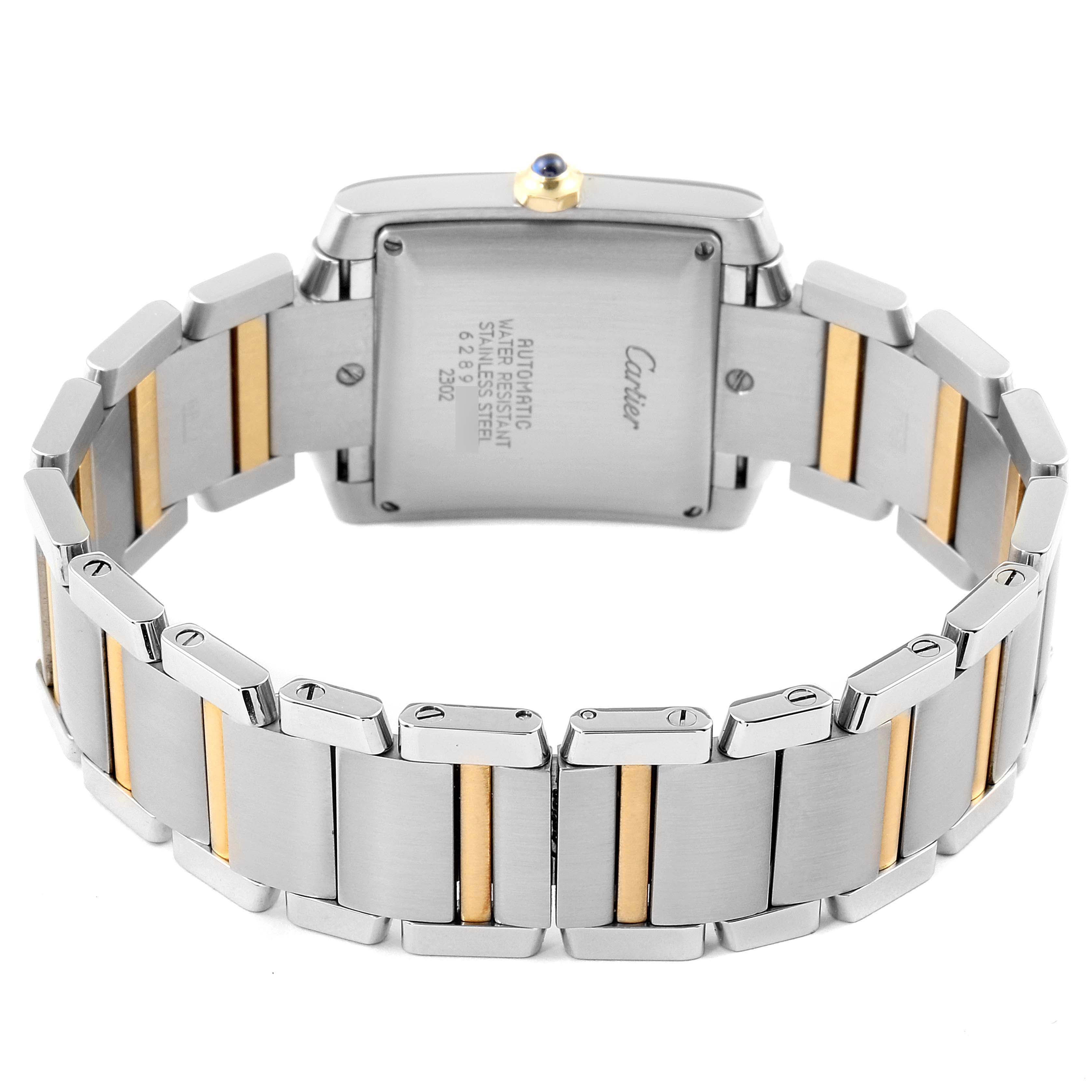 The image shows the back of the Cartier Tank Francaise W51005Q4 Men's Stainless Steel Silver Dial W51005Q4 Men's Stainless Steel Silver Dial watch, highlighting the stainless steel and gold bracelet.