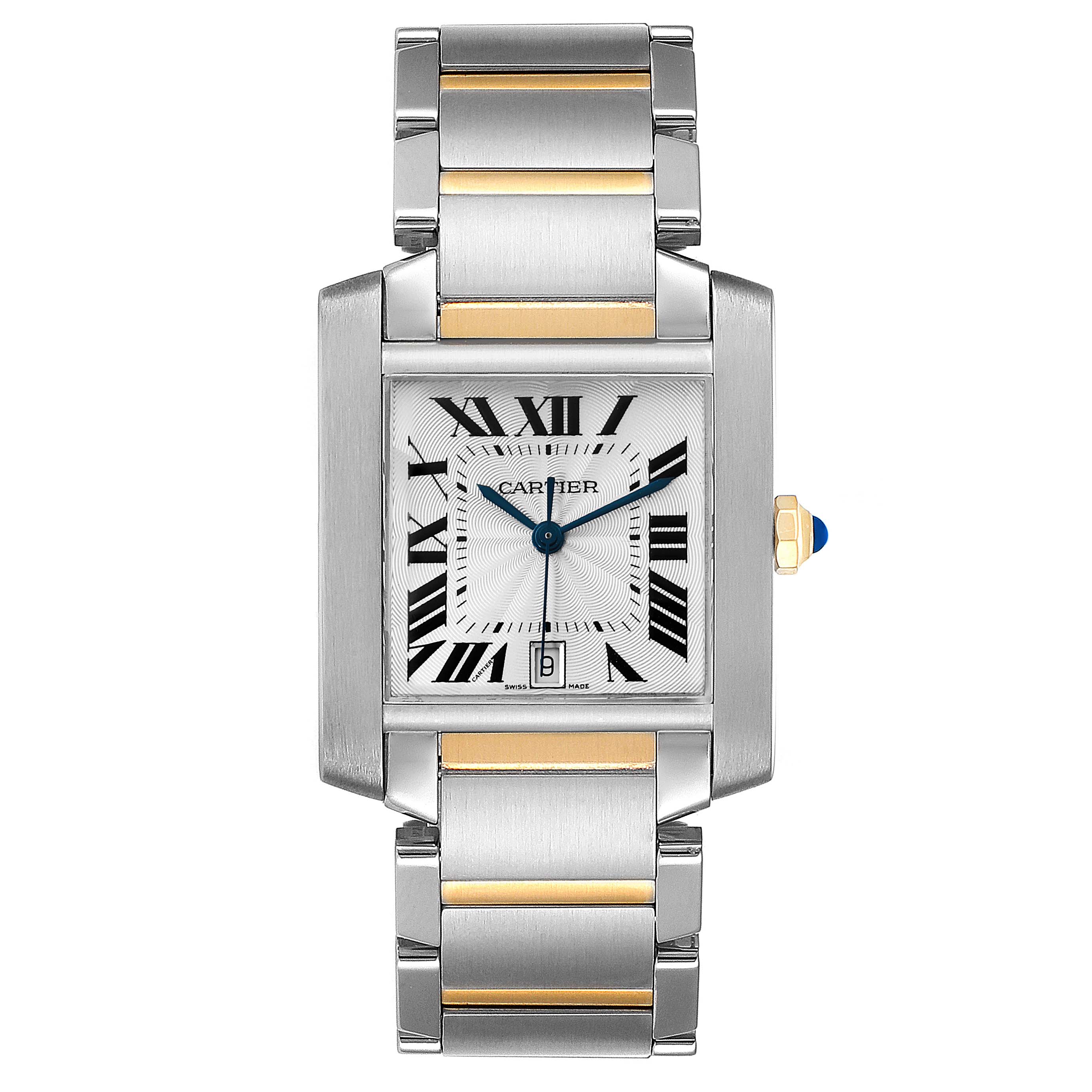 This image shows a Cartier Tank Francaise W51005Q4 Men's Stainless Steel Silver Dial W51005Q4 Men's Stainless Steel Silver Dial watch, featuring a front view of its face and bracelet.