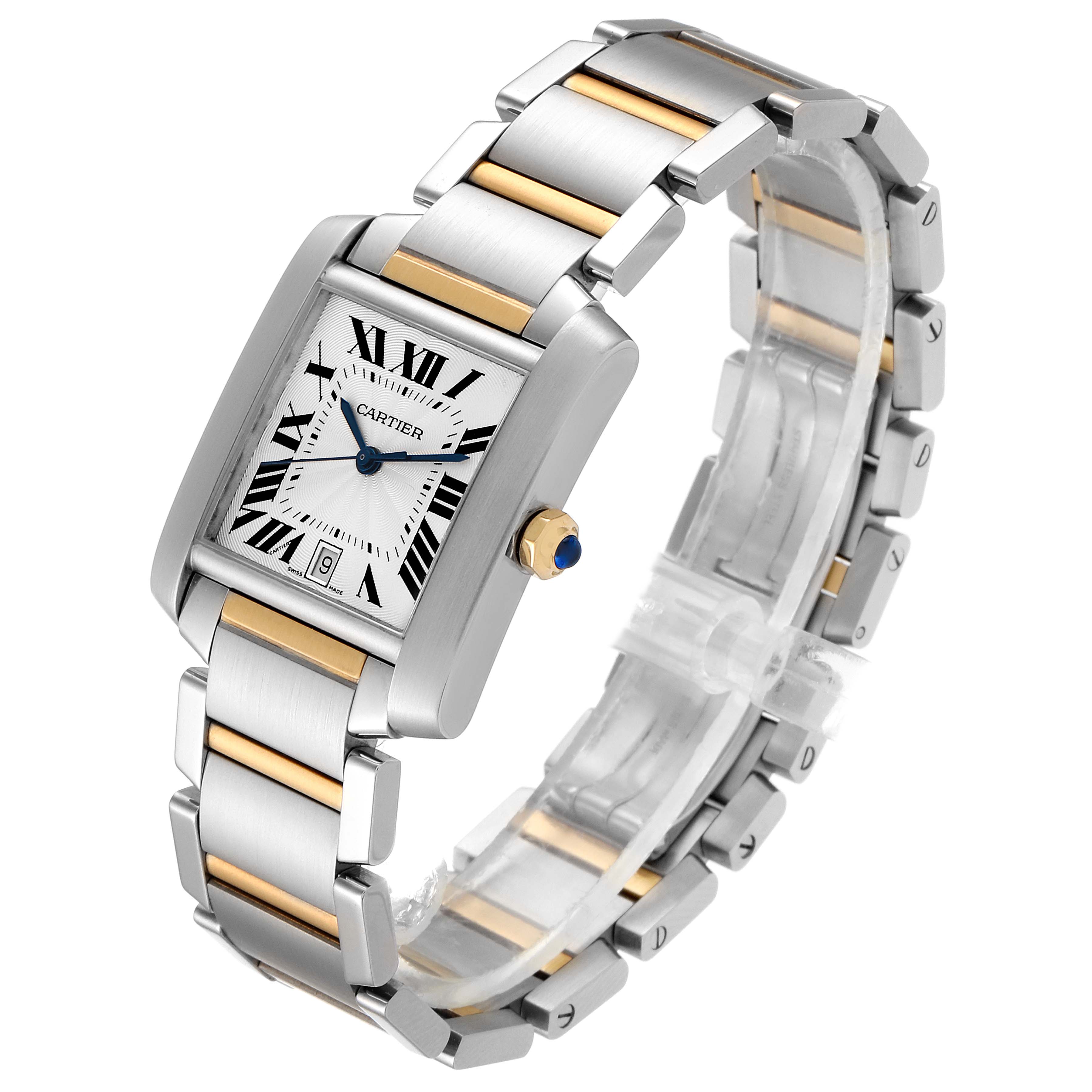 The image shows a Cartier Tank Francaise W51005Q4 Men's Stainless Steel Silver Dial W51005Q4 Men's Stainless Steel Silver Dial watch from an angled view, displaying both the face and the bracelet.