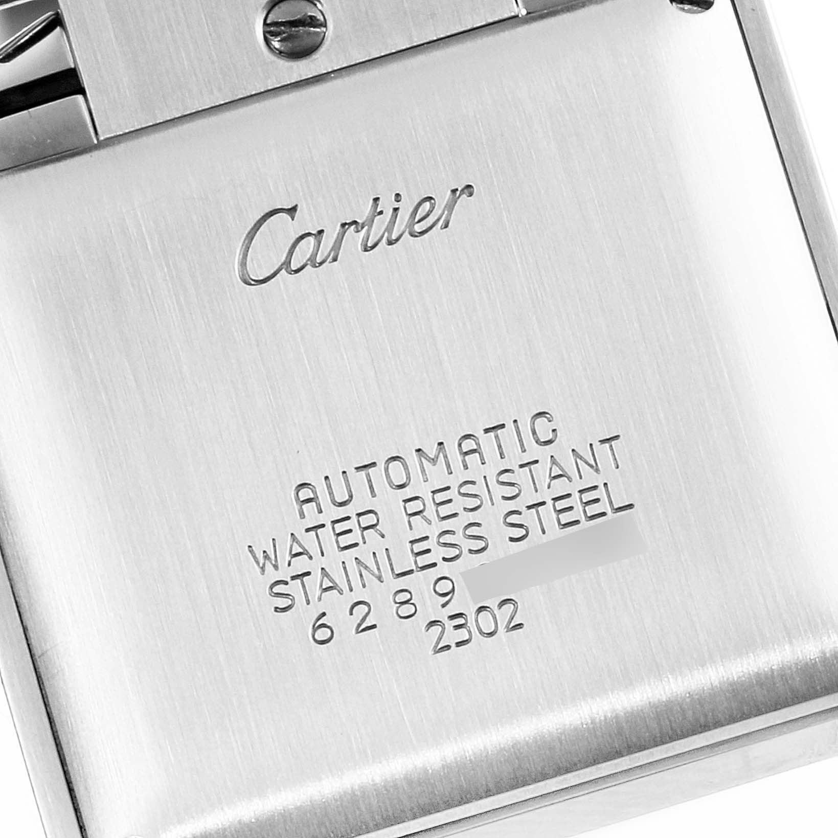 The image shows the back casing of a Cartier Tank Francaise W51005Q4 Men's Stainless Steel Silver Dial W51005Q4 Men's Stainless Steel Silver Dial watch, displaying the brand name and product specifications.