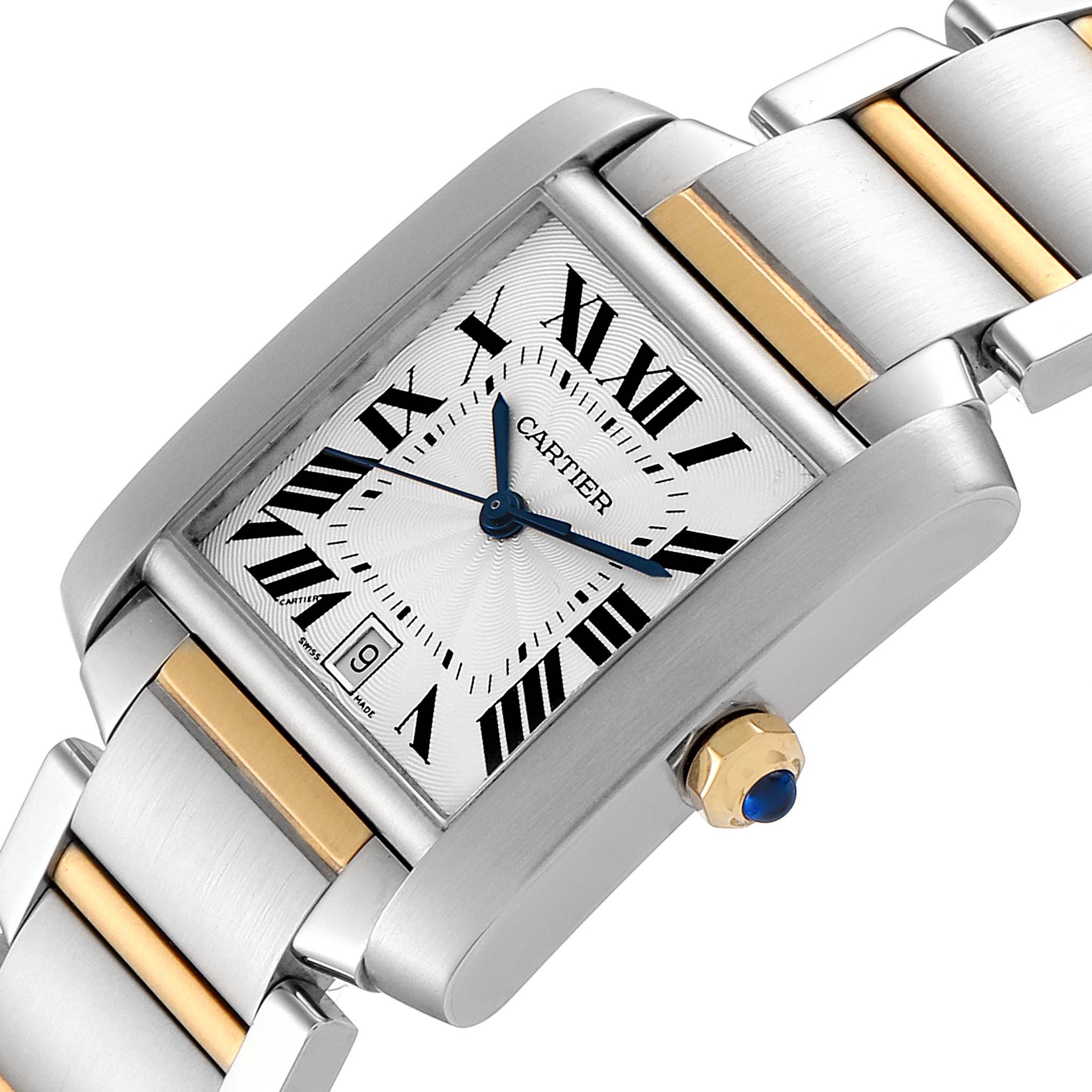 The image shows a Cartier Tank Francaise W51005Q4 Men's Stainless Steel Silver Dial W51005Q4 Men's Stainless Steel Silver Dial watch face tilted at an angle, highlighting the bracelet and crown with a sapphire cabochon.
