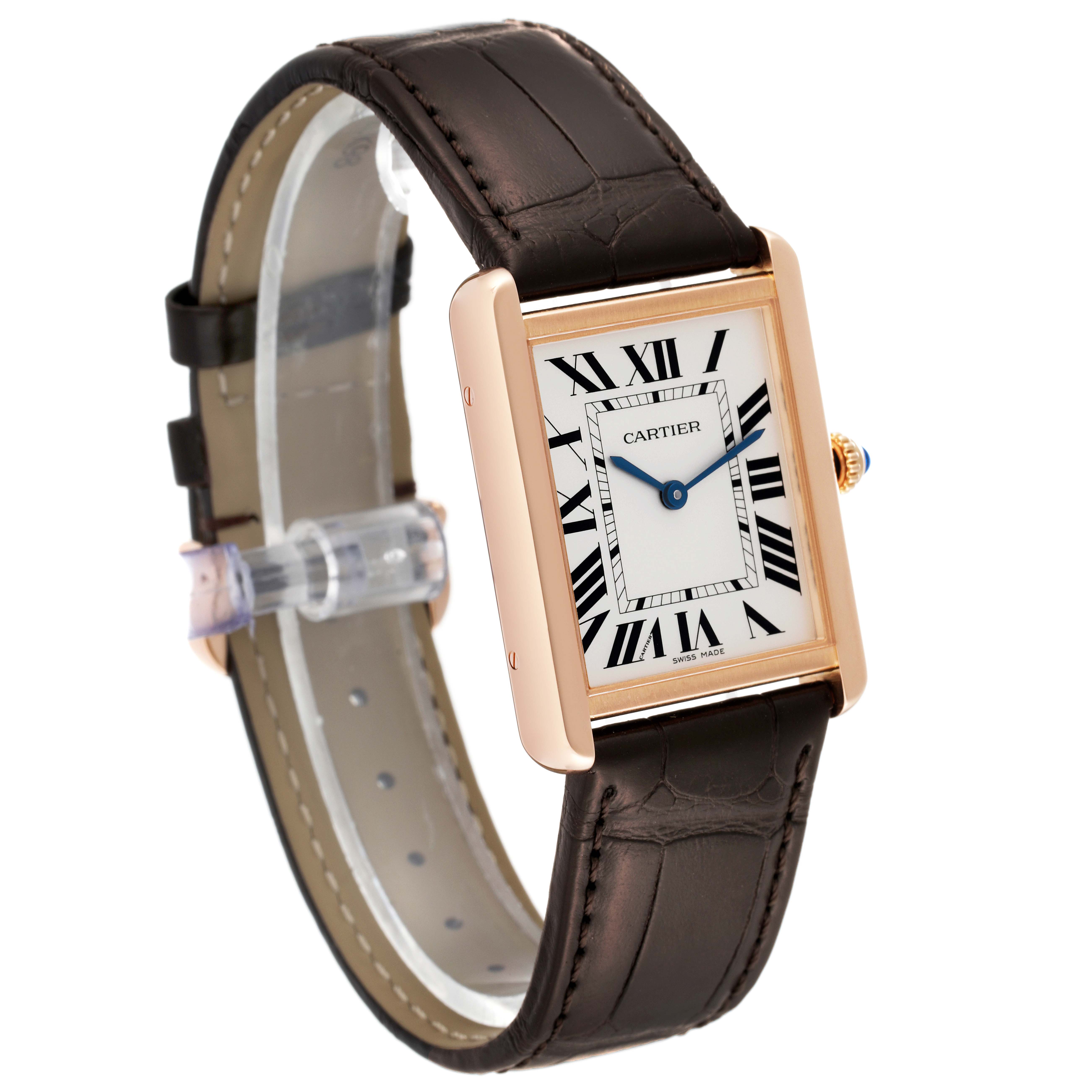 This image shows a Cartier Tank Solo W5200025 Men
s Steel and Gold (two tone) Silver Dial W5200025 Men
s Steel and Gold (two tone) Silver Dial watch at an angle highlighting the face, bezel, and leather strap.