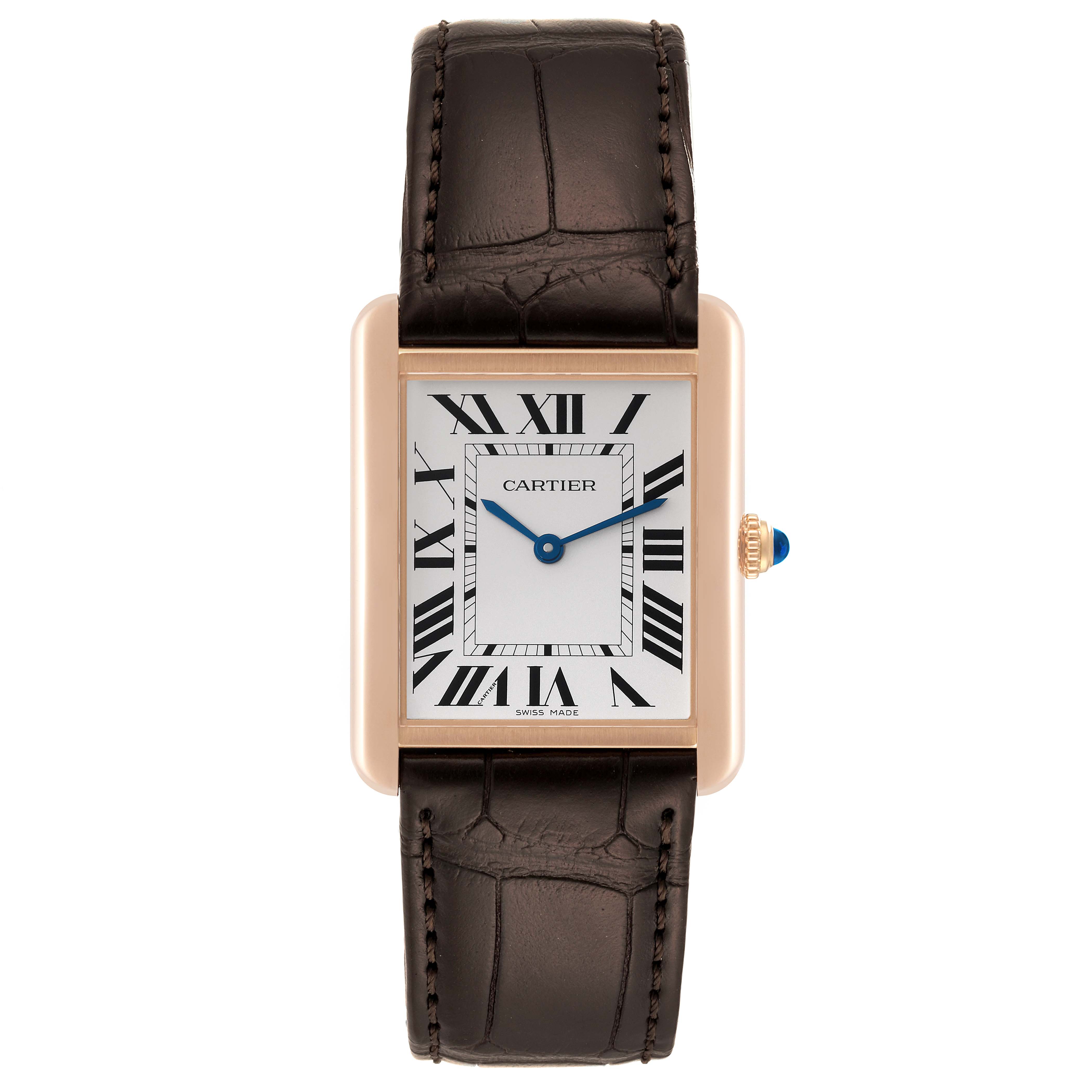 The image shows a front view of the Cartier Tank Solo W5200025 Men
s Steel and Gold (two tone) Silver Dial W5200025 Men
s Steel and Gold (two tone) Silver Dial watch, displaying its rectangular face, Roman numerals, and leather strap.