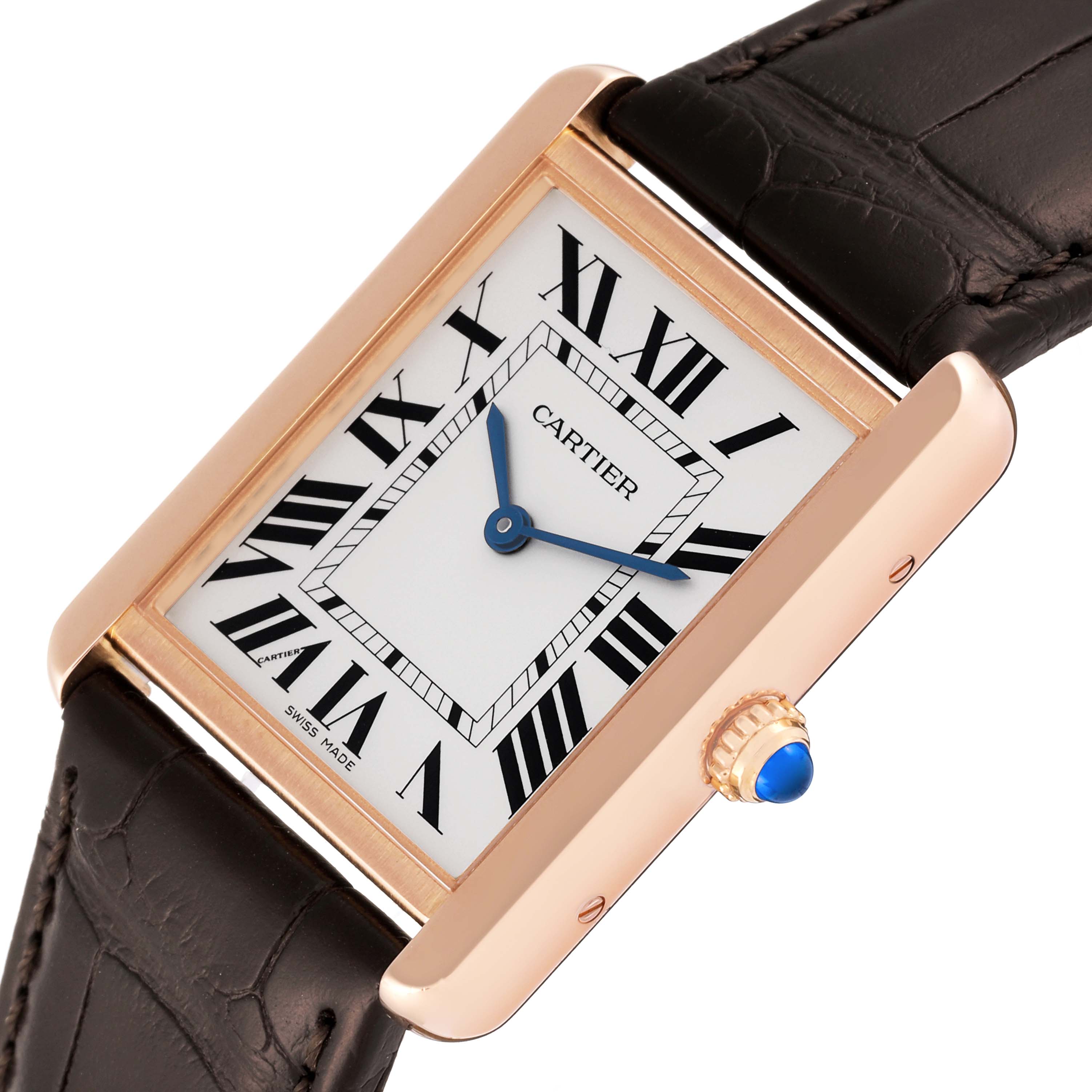 The image shows a Cartier Tank Solo W5200025 Men
s Steel and Gold (two tone) Silver Dial W5200025 Men
s Steel and Gold (two tone) Silver Dial watch from a top-down angle, highlighting its rectangular face, Roman numerals, and leather strap.