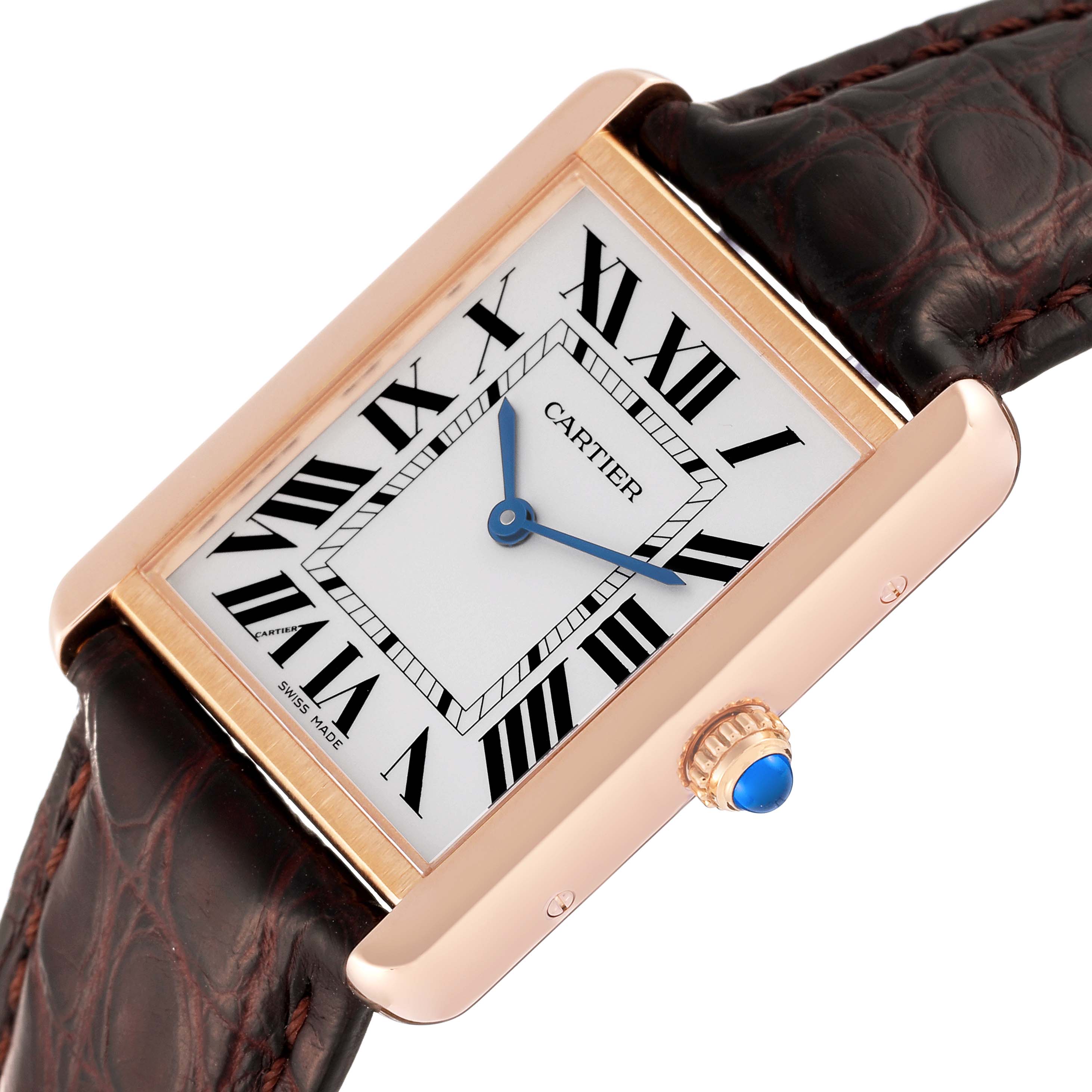 The image shows a Cartier Tank Solo W5200025 Men's Steel and Gold (two tone) Silver Dial W5200025 Men's Steel and Gold (two tone) Silver Dial watch at an angled close-up, displaying the face, crown, and part of the leather strap.