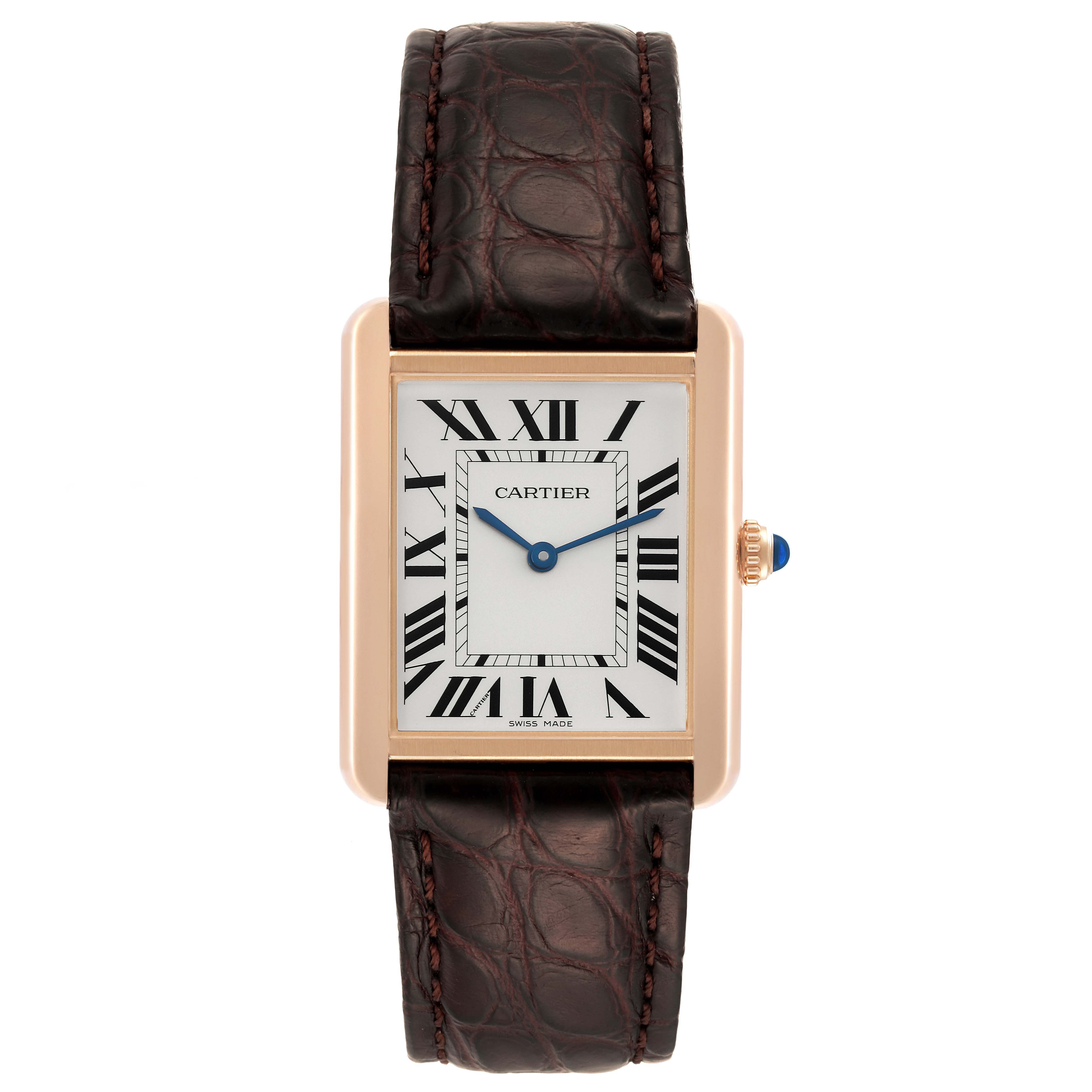 The image shows a Cartier Tank Solo W5200025 Men's Steel and Gold (two tone) Silver Dial W5200025 Men's Steel and Gold (two tone) Silver Dial watch, including its face, case, and brown leather strap, viewed from the front.