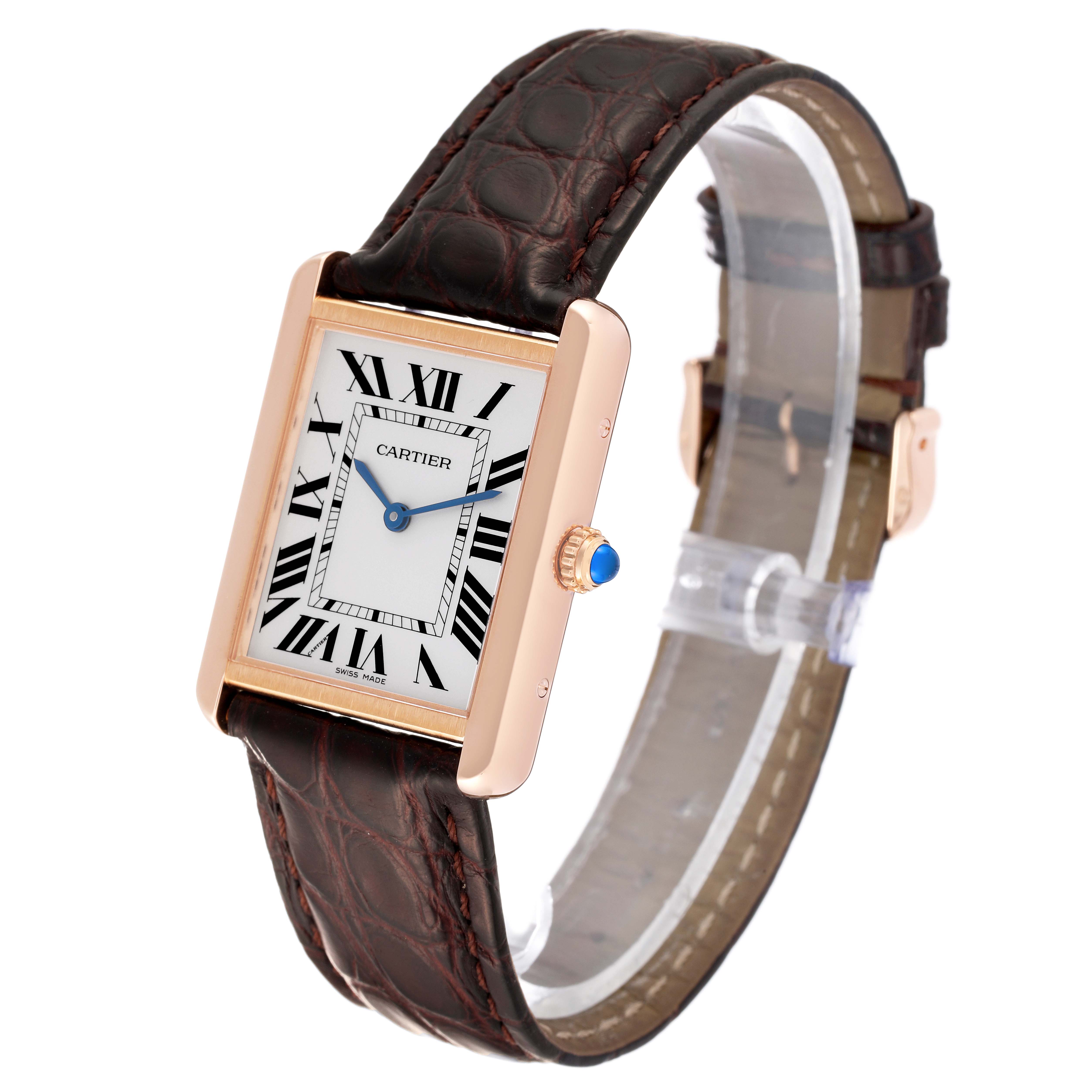 The Cartier Tank Solo W5200025 Men's Steel and Gold (two tone) Silver Dial W5200025 Men's Steel and Gold (two tone) Silver Dial watch is shown at an angled view, highlighting its rectangular face, Roman numeral dial, and leather strap.