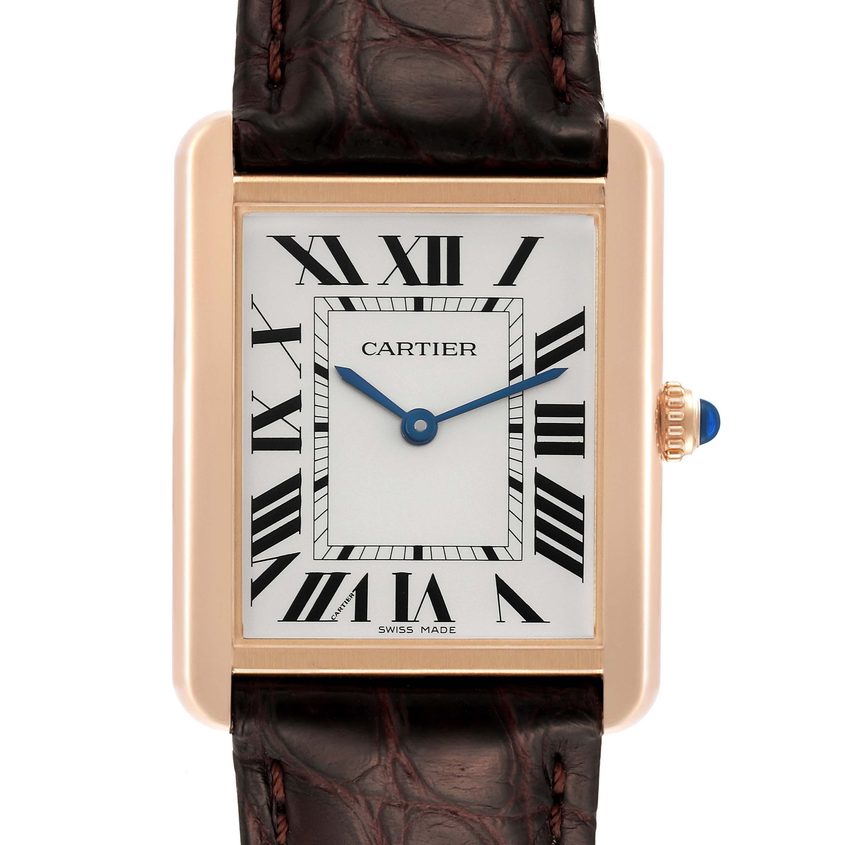 This image shows a front view of the Cartier Tank Solo W5200025 Men's Steel and Gold (two tone) Silver Dial W5200025 Men's Steel and Gold (two tone) Silver Dial watch face, including the dial, hands, and part of the strap.