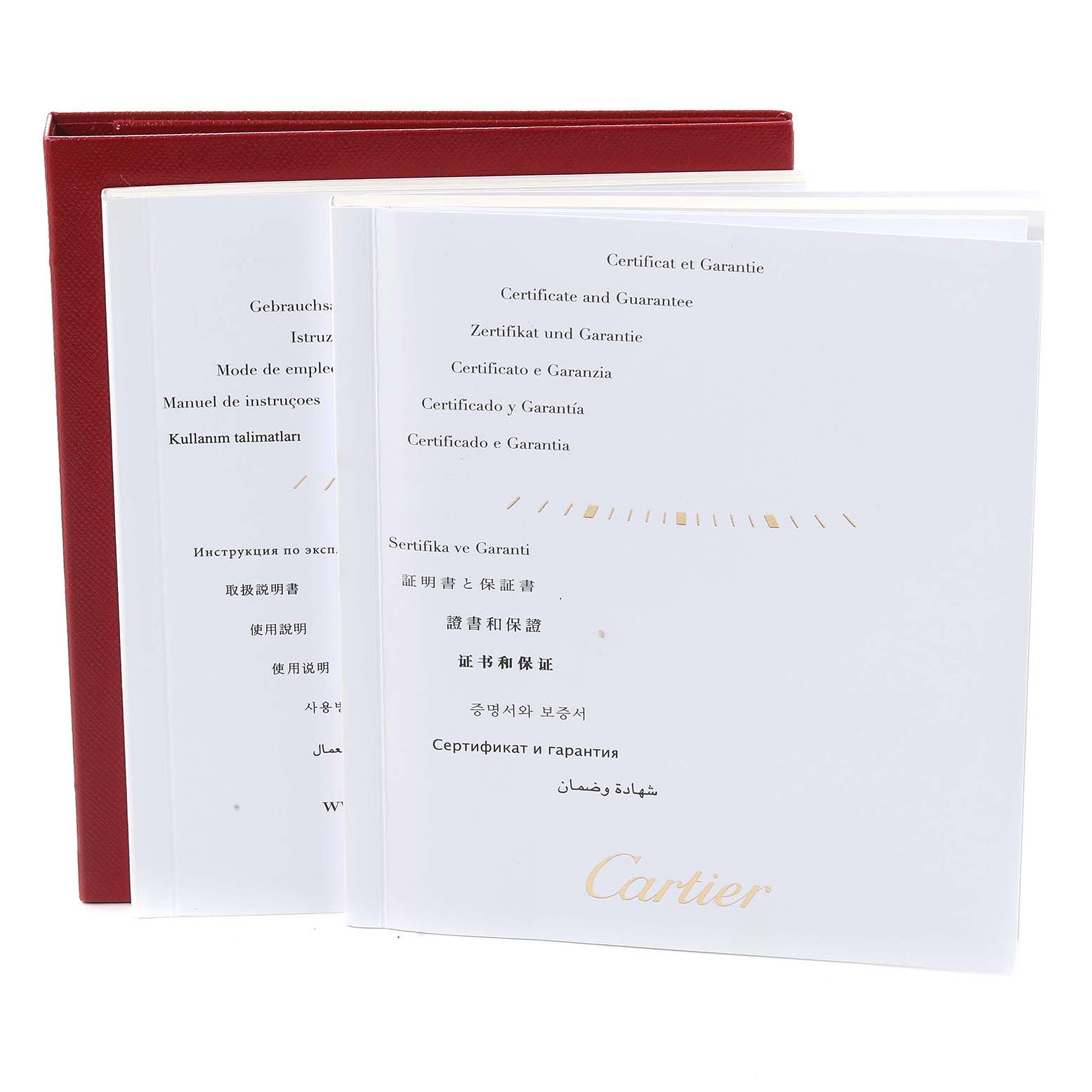 The image shows a Cartier Tank Solo W5200025 Men's Steel and Gold (two tone) Silver Dial W5200025 Men's Steel and Gold (two tone) Silver Dial watch manual and warranty booklets in multiple languages, presented in a red case.