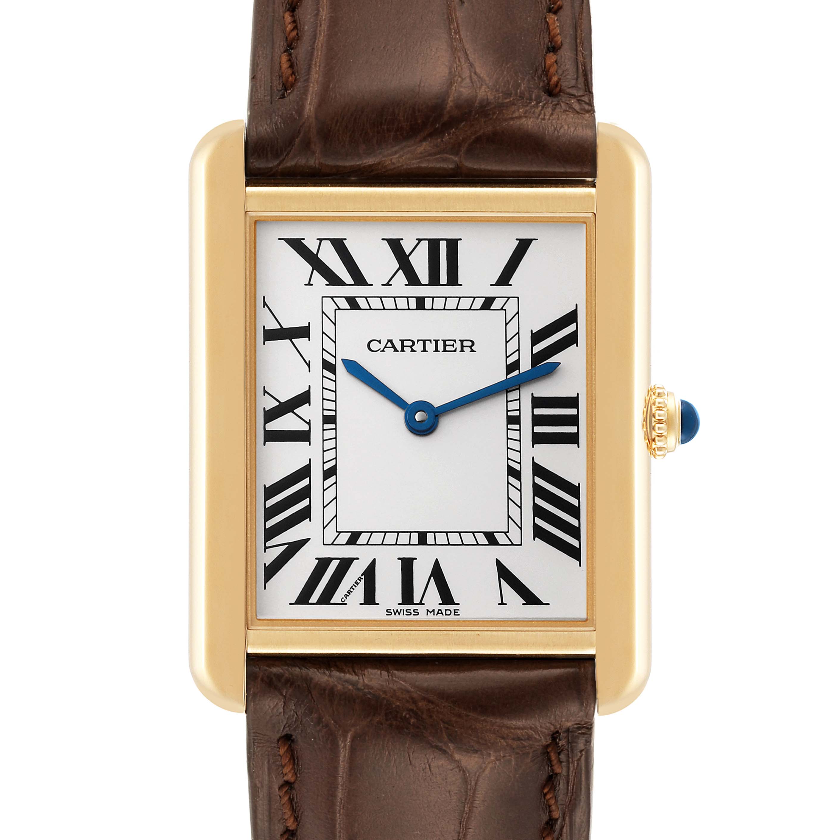 This image shows a frontal view of the Cartier Tank Solo W5200004 Men
s Steel and Gold (two tone) Silver Dial W5200004 Men
s Steel and Gold (two tone) Silver Dial watch, highlighting its dial, Roman numerals, hands, bezel, and part of the leather strap.